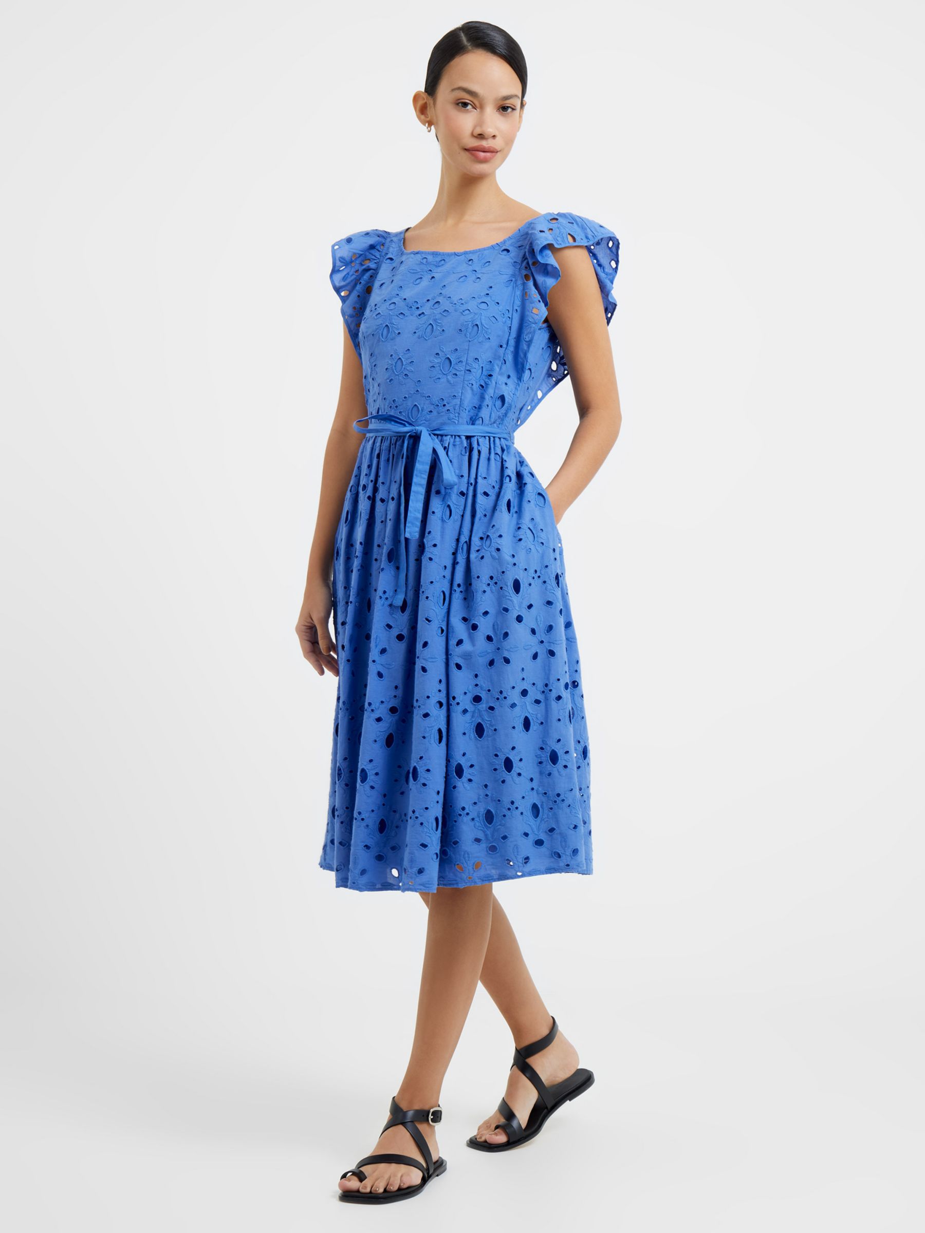 French Connection Cilla Broderie Anglaise Dress, Baja Blue, 12