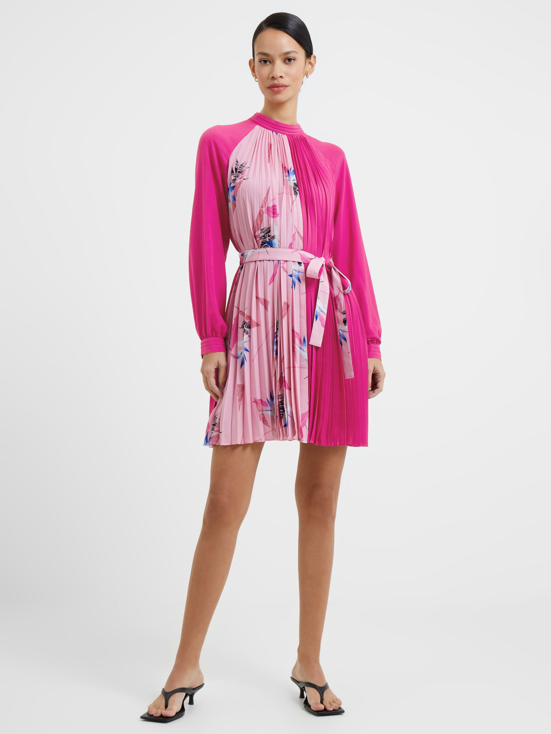 French Connection Eugine Floral Colour Block Crepe Pleated Mini Dress, Wild Rosa Solid/Multi, 12