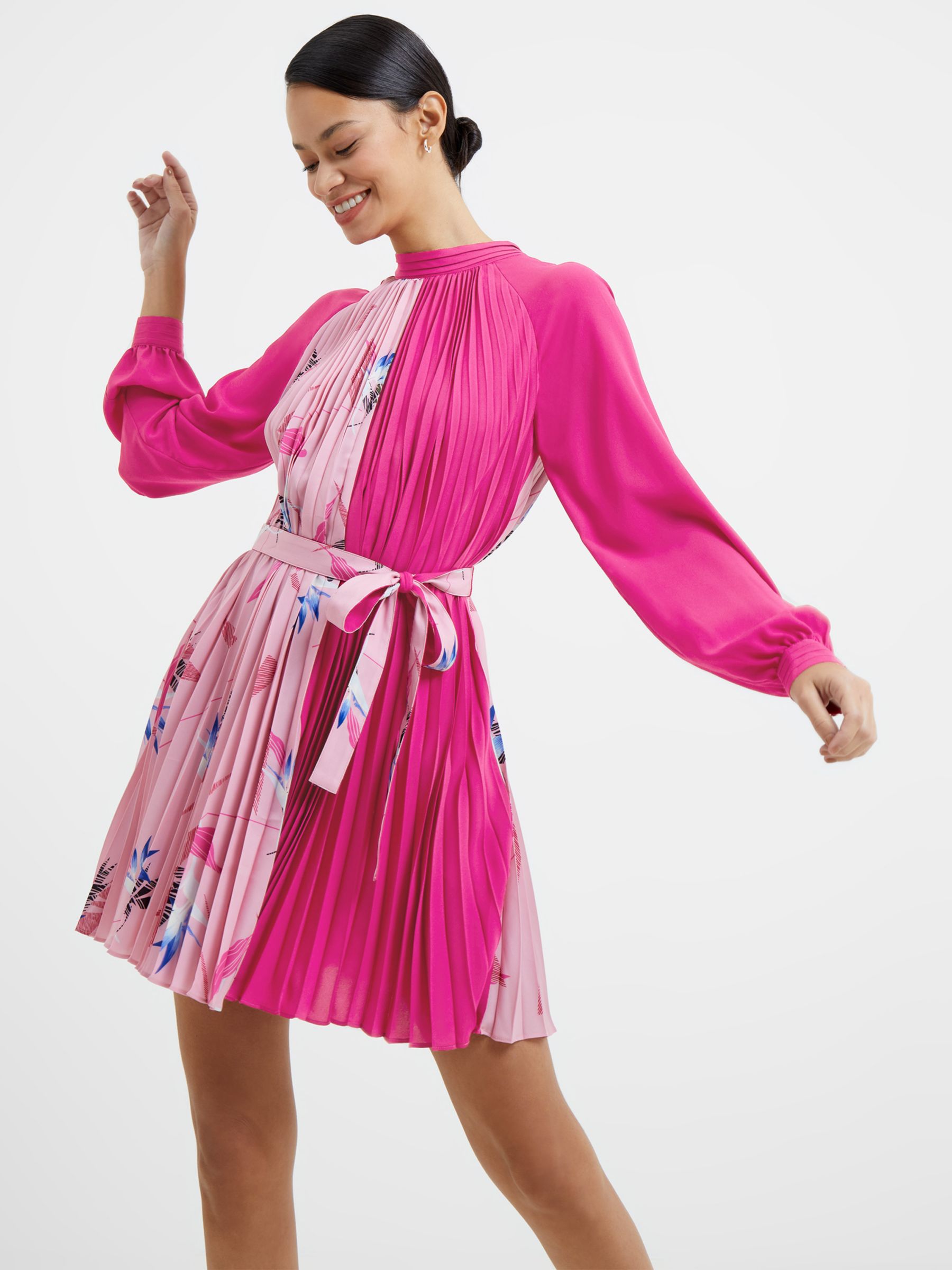 French Connection Eugine Floral Colour Block Crepe Pleated Mini Dress, Wild Rosa Solid/Multi, 12