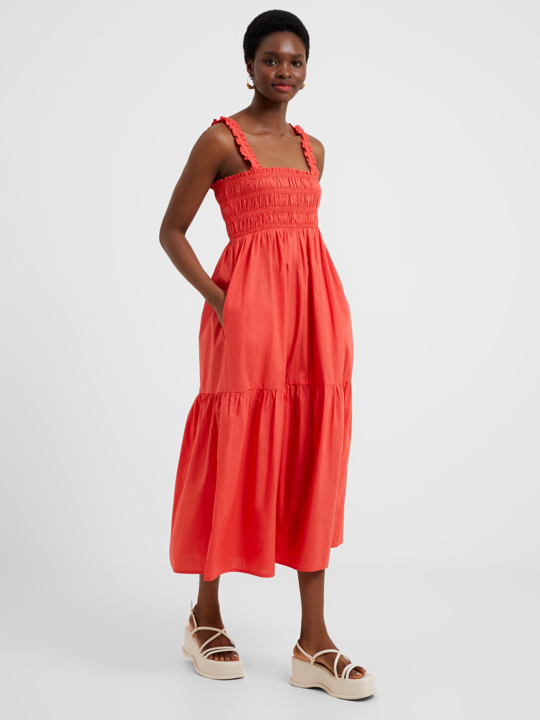 French Connection Rhodes Poplin Smocked Dress, Hibiscus at John Lewis ...