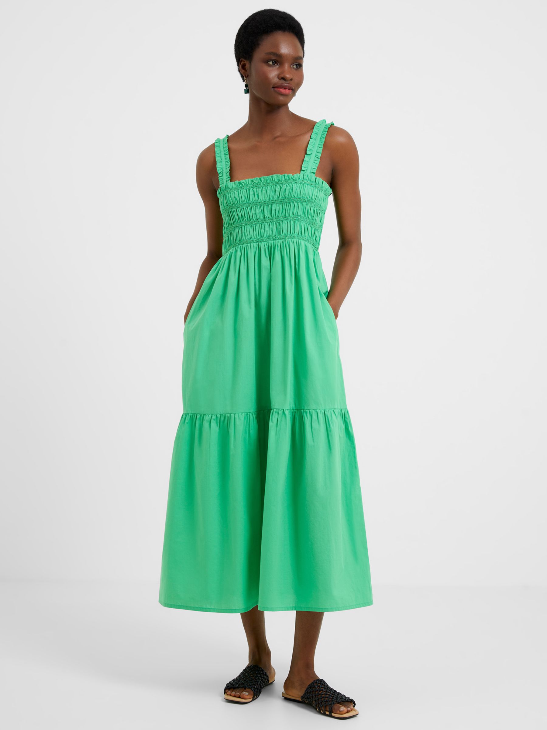 French Connection Rhodes Poplin Smocked Dress, Poise Green at John ...