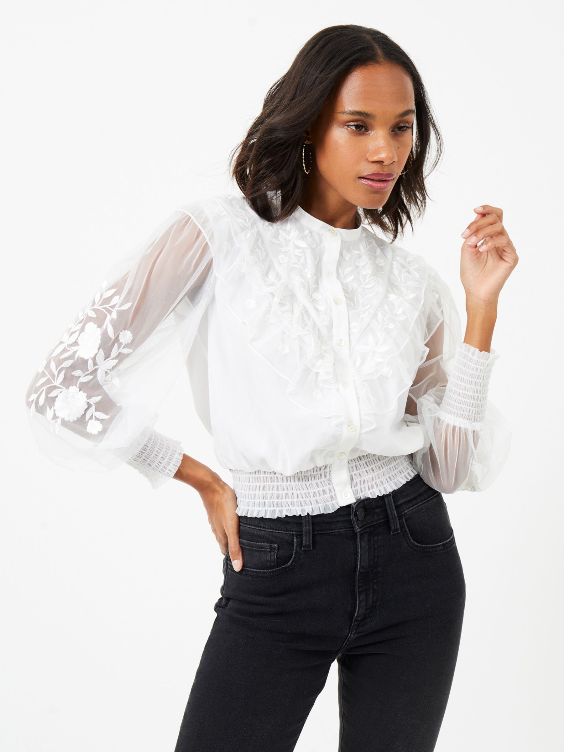 French Connection Abra Embroided Mesh Frill Top, White at John Lewis ...