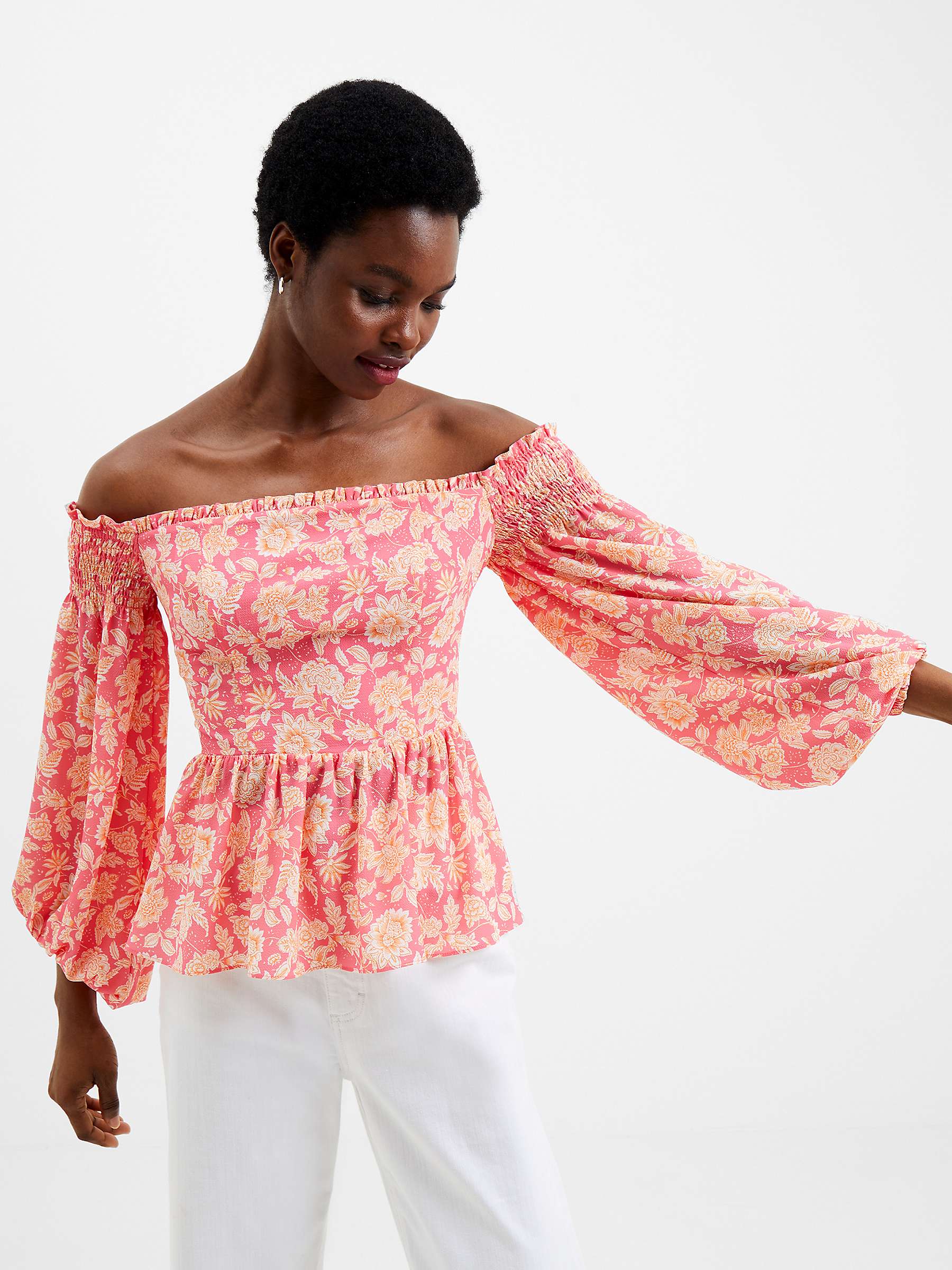 Buy French Connection Cosette Verona Smocked Bardot Peplum Top, Pink/Multi Online at johnlewis.com