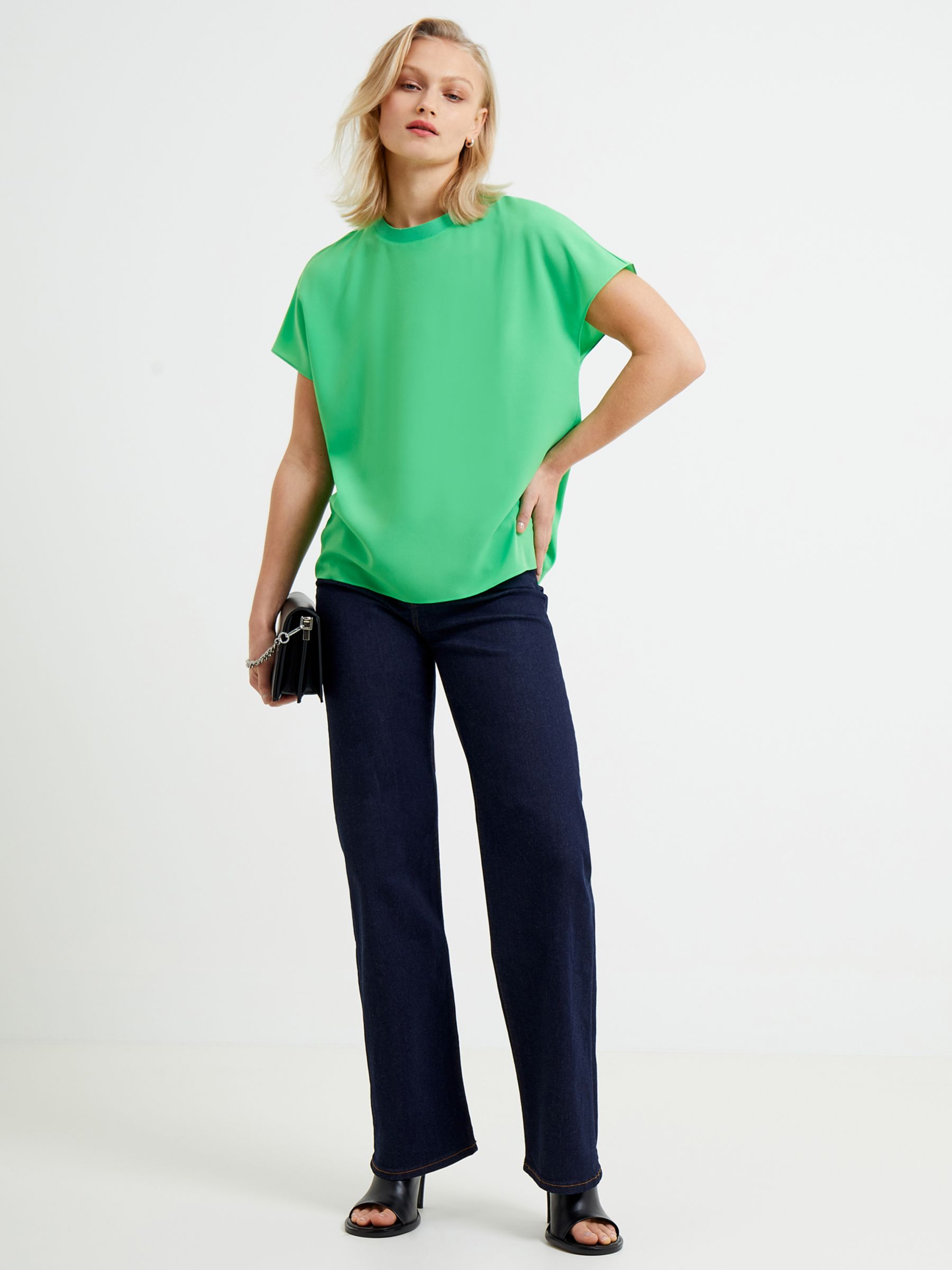 French Connection Crepe Light Crew Neck Top, Poise Green at John Lewis ...