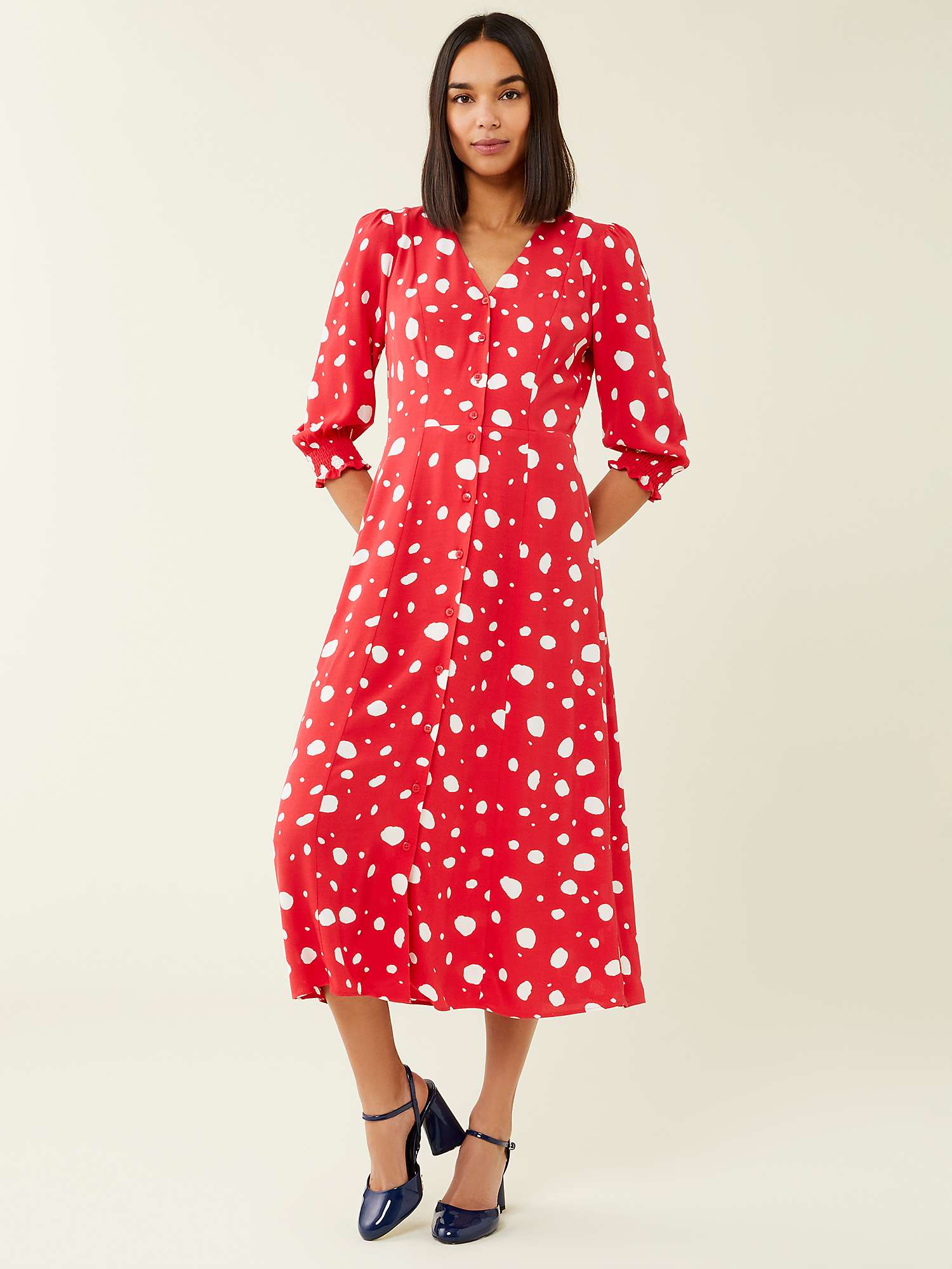 Finery Normal Spot Print Midi Dress, Red/White at John Lewis & Partners