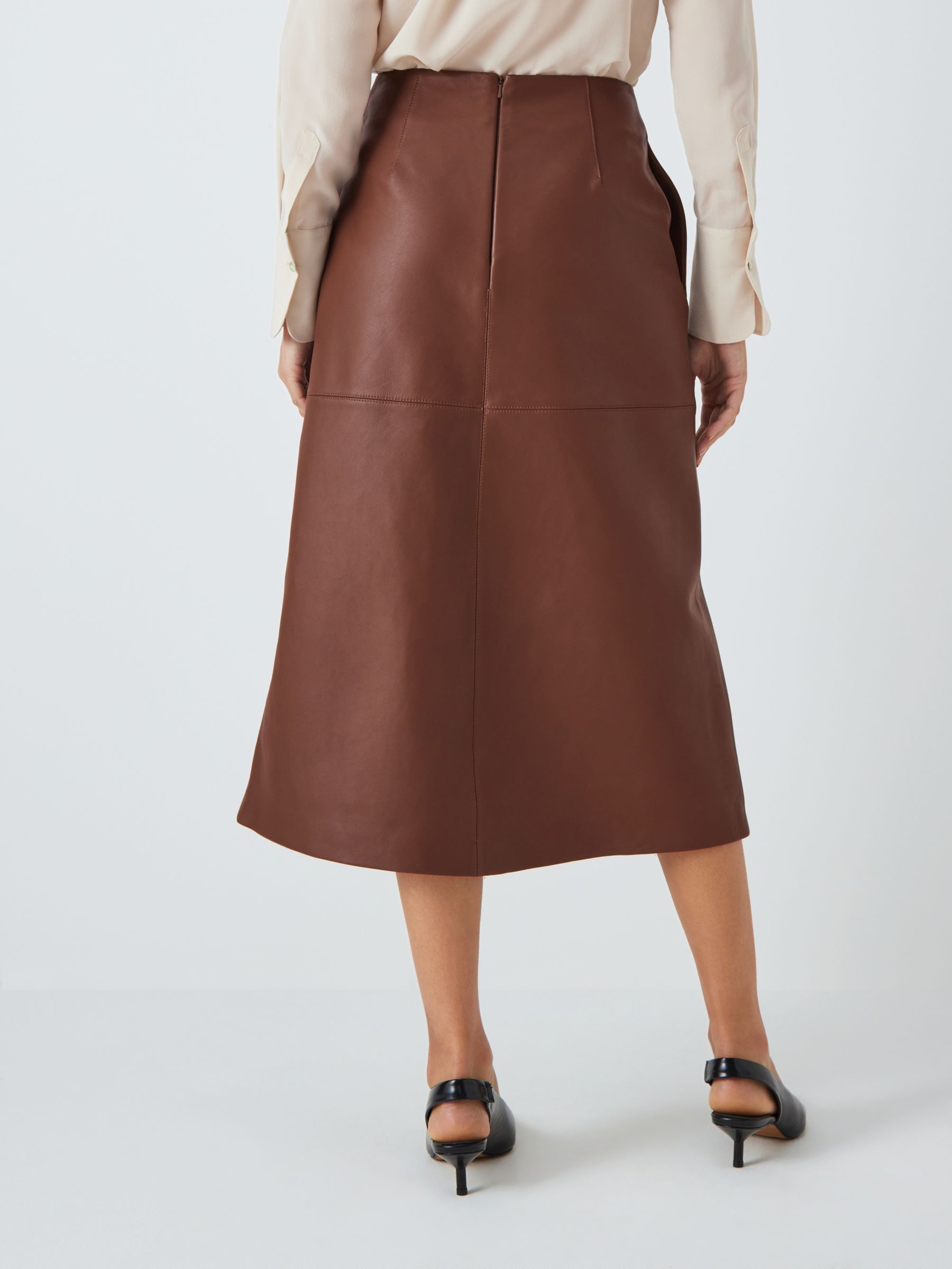 John Lewis Leather Midi Skirt, Brown at John Lewis & Partners