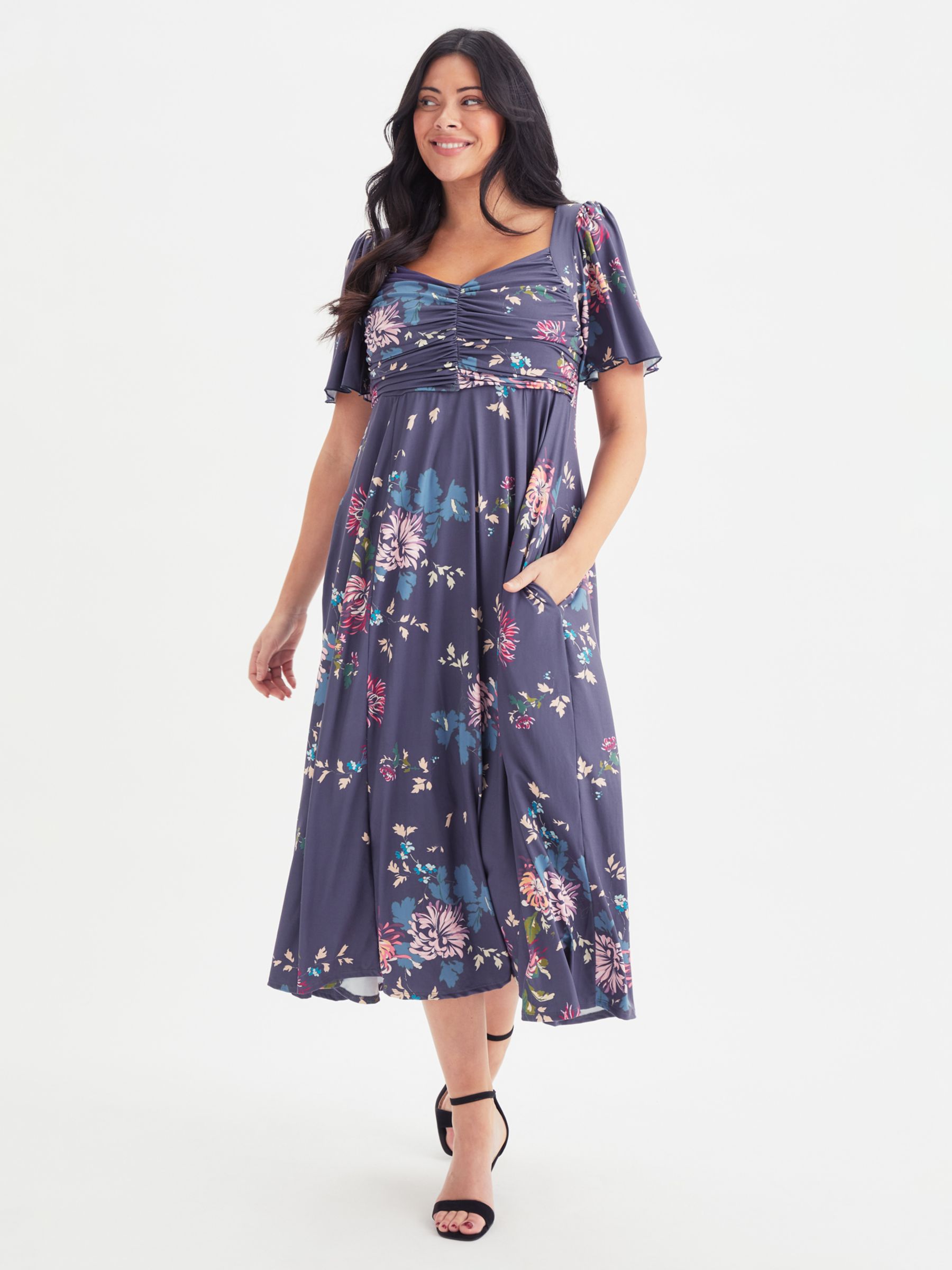 Scarlett & Jo Ruched Bodice Floral Dress, Blue at John Lewis & Partners