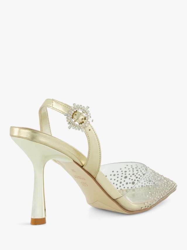 Dune Central Diamante Perpsex Slingback Court Shoes, Gold, 3