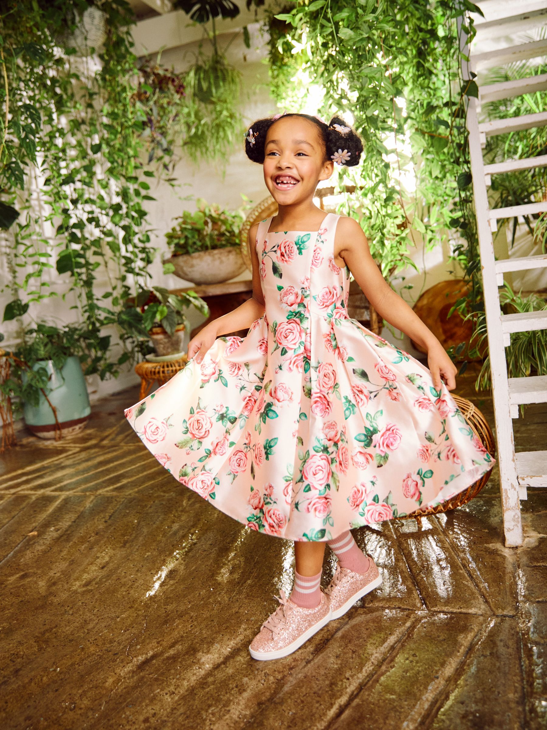 Monsoon Kids' Rose Print Duchess Twill Dress, Pink, 3 years