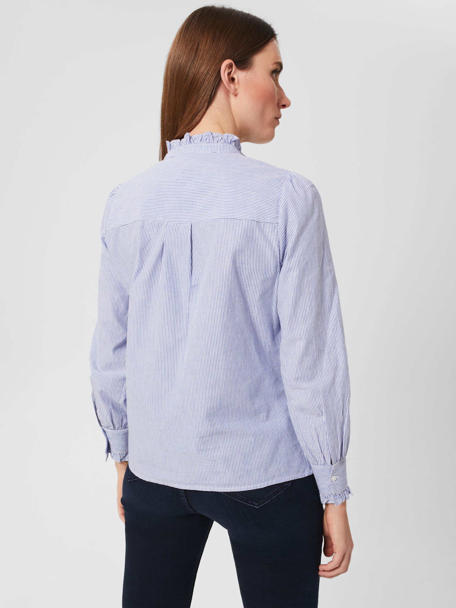 Hobbs Lattika Stripe Frill Neck Blouse, Blue/Ivory