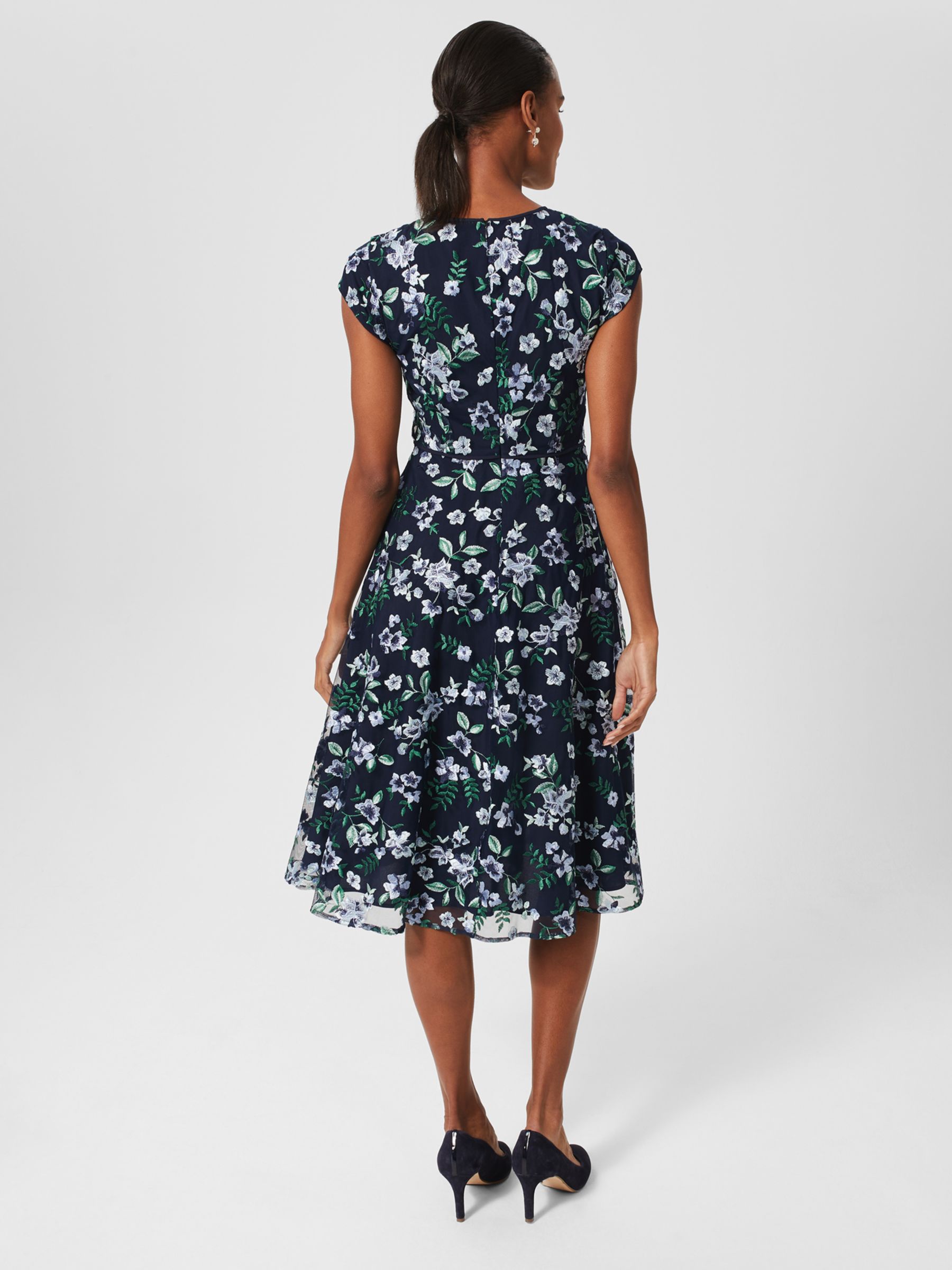 Hobbs Petite Tia Floral Embroidery Flared Dress, Navy/Pale Blue at John ...