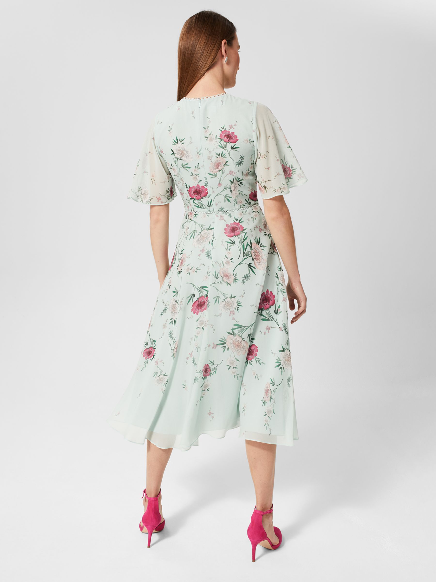 Hobbs Priya Midi Floral Silk Dress, Sage/Multi, 6