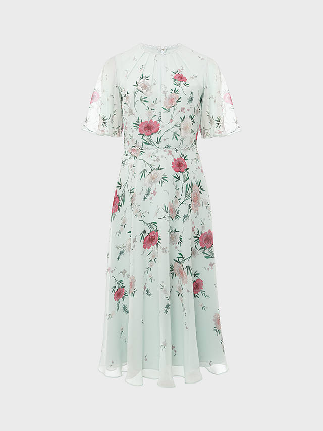 Hobbs Priya Midi Floral Silk Dress, Sage/Multi