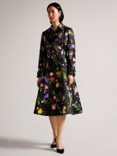 Ted Baker Moiraa Floral Print Double Breasted Trench Coat, Black