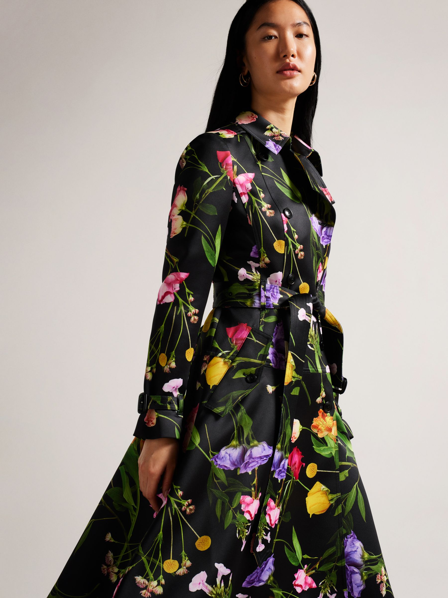 Ted Baker Moiraa Floral Print Double Breasted Trench Coat, Black/Multi, 6