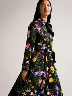 Ted Baker Moiraa Floral Print Double Breasted Trench Coat, Black