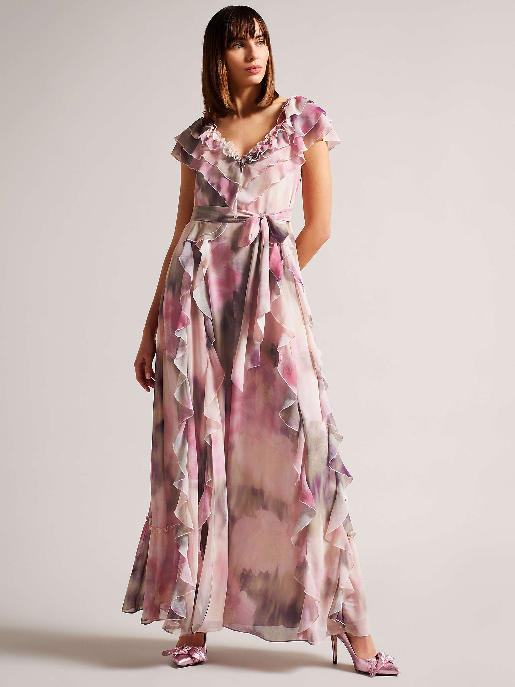 Buy Ted Baker Karenie Frilled Sleeveless V Neck Maxi Dress, Coral/Multi Online at johnlewis.com