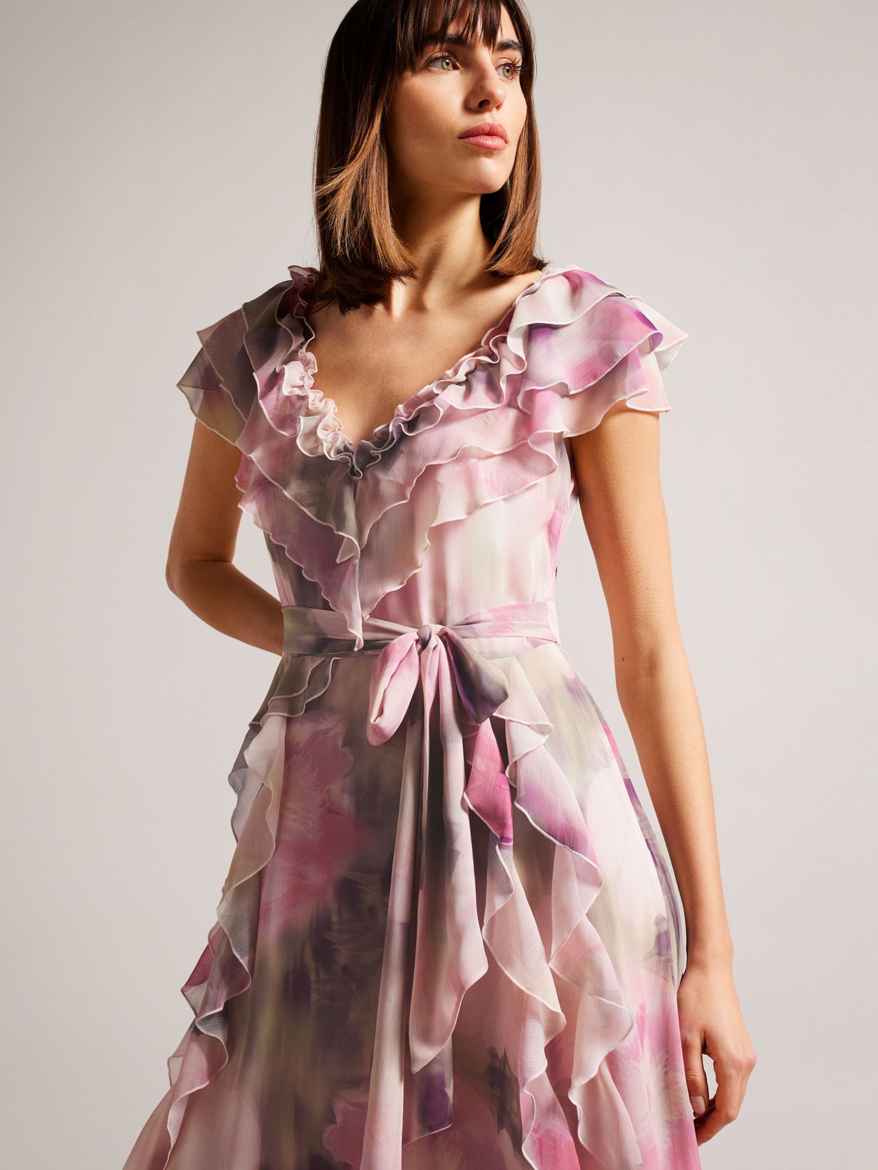 Ted Baker Karenie Frilled Sleeveless V Neck Maxi Dress, Coral/Multi, 6