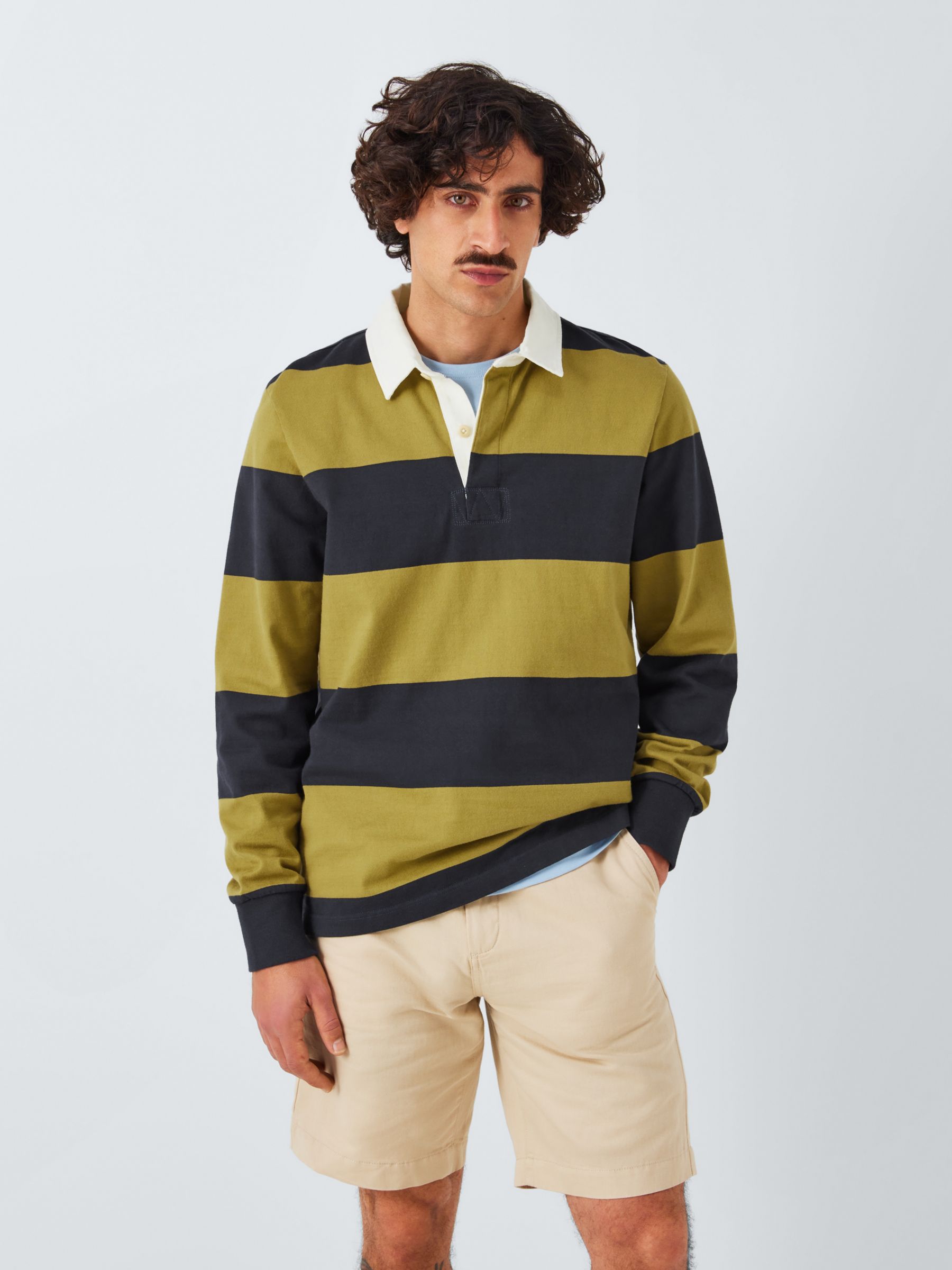 John Lewis Stripe Cotton Rugby Shirt, Navy/Green Moss at John