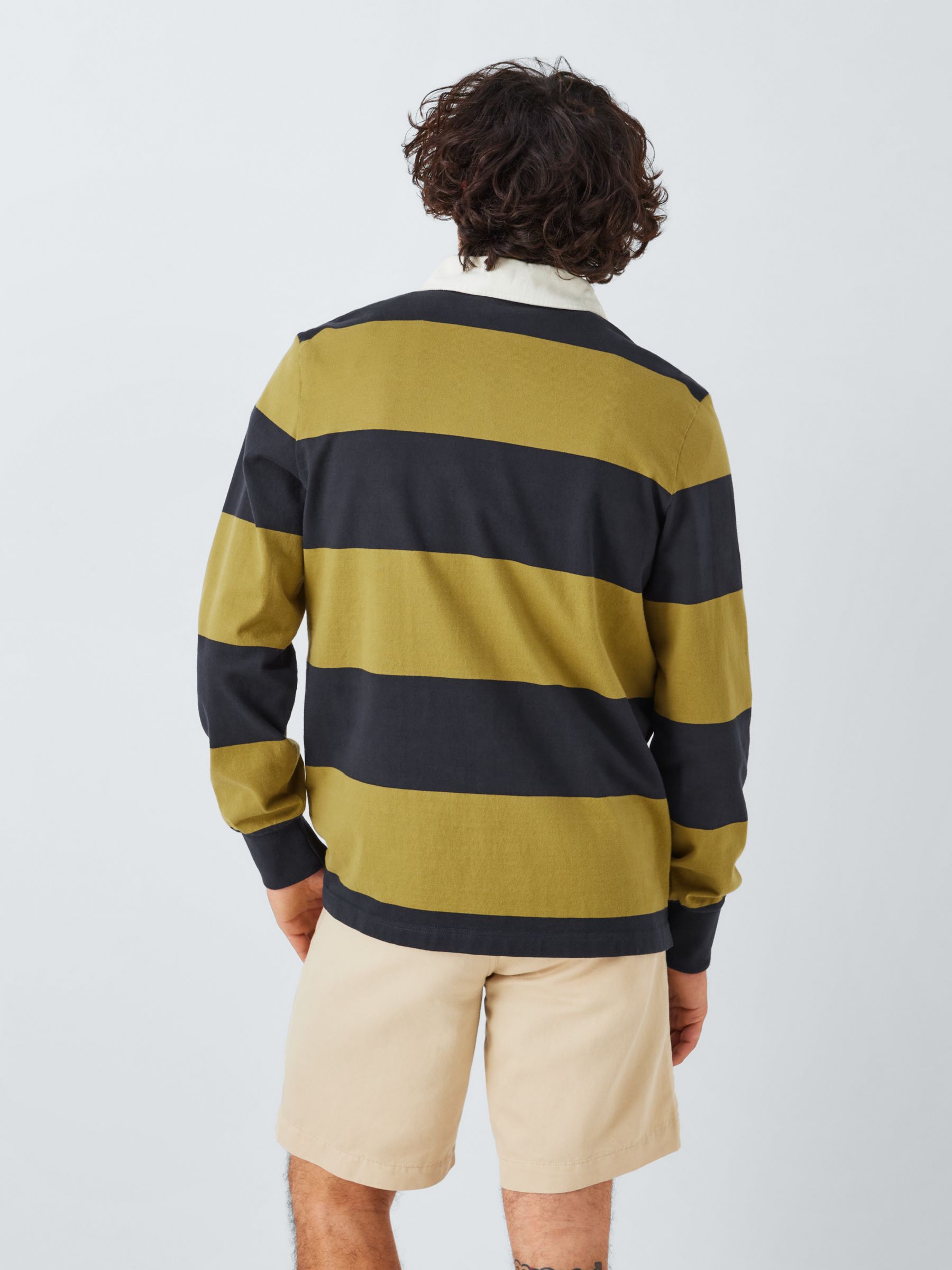 John Lewis Stripe Cotton Rugby Shirt, Navy/Green Moss at John