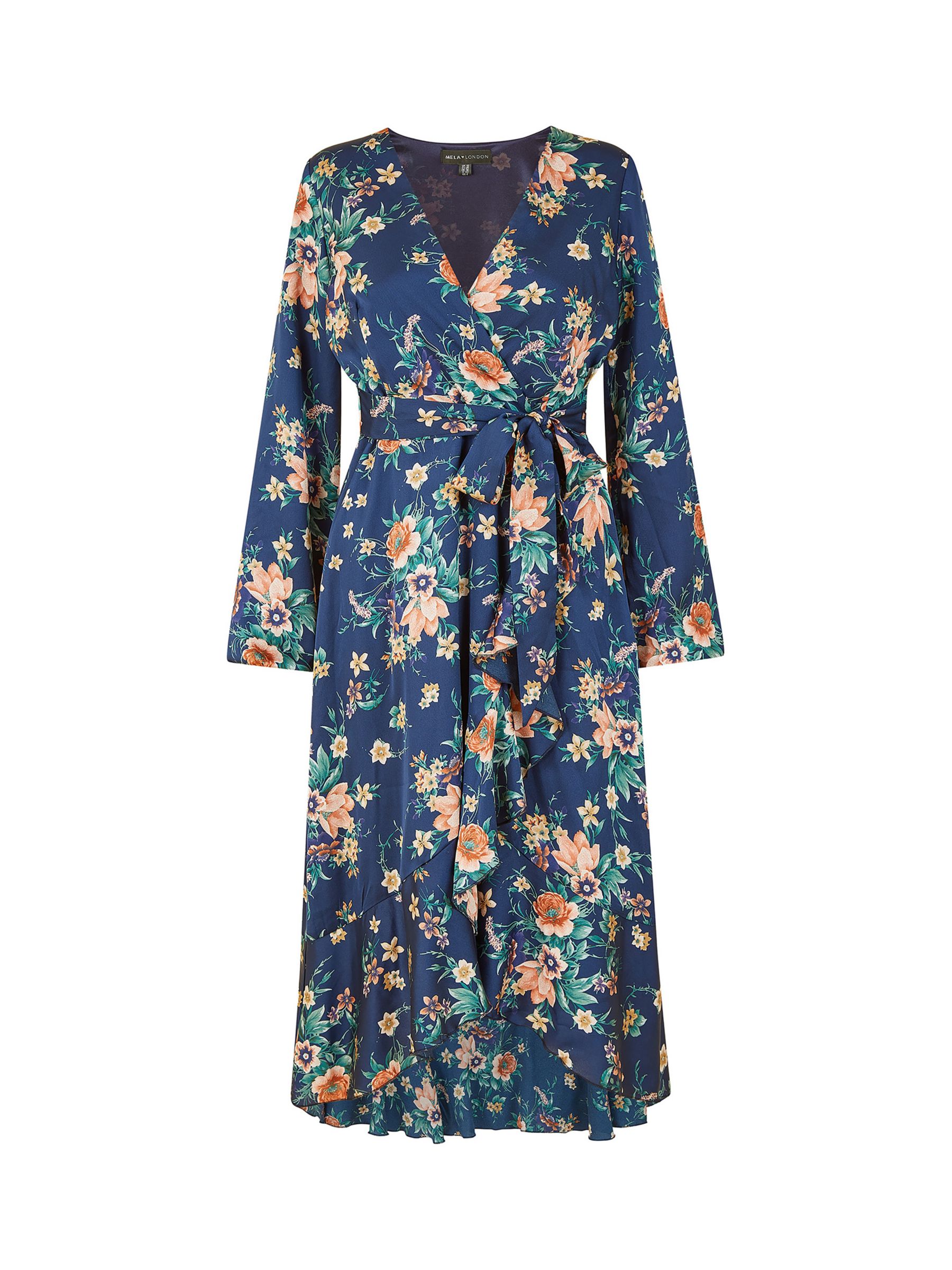 Mela London Floral Print Satin Wrap Midi Dress, Navy at John Lewis ...