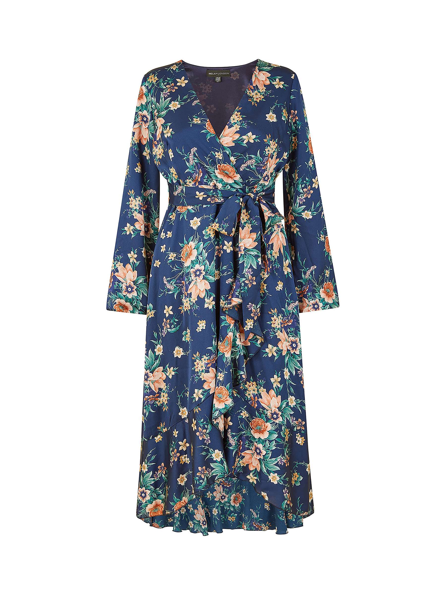 Buy Mela London Floral Print Satin Wrap Midi Dress, Navy Online at johnlewis.com