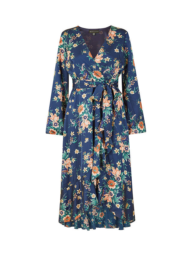 Mela London Floral Print Satin Wrap Midi Dress, Navy