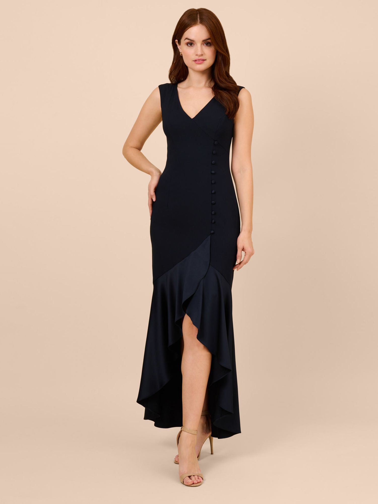 Adrianna Papell Satin Crepe Button Hi Lo Dress Dark Navy 6