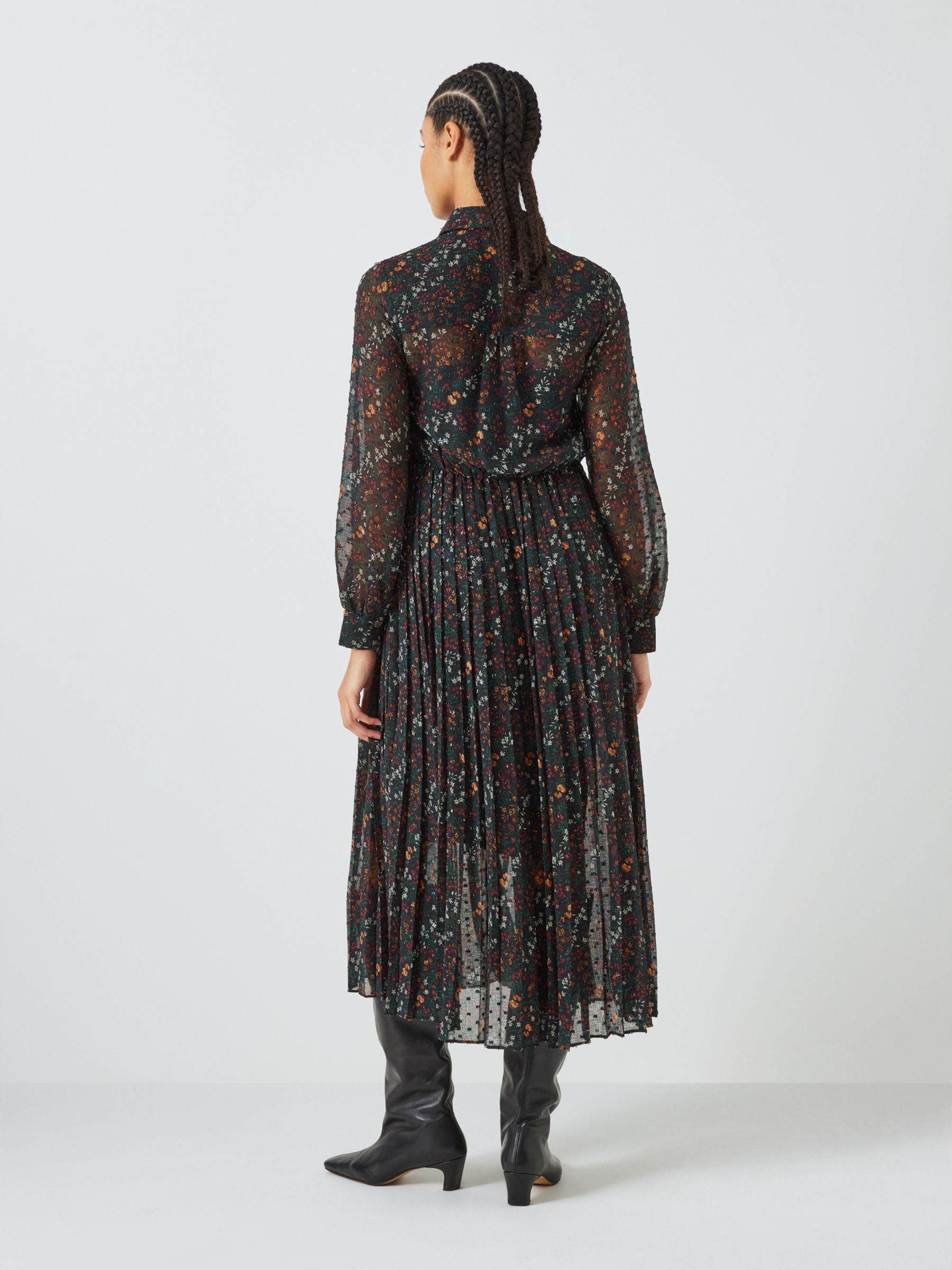 John Lewis Floral Chiffon Midi Dress, Black/Multi at John Lewis & Partners