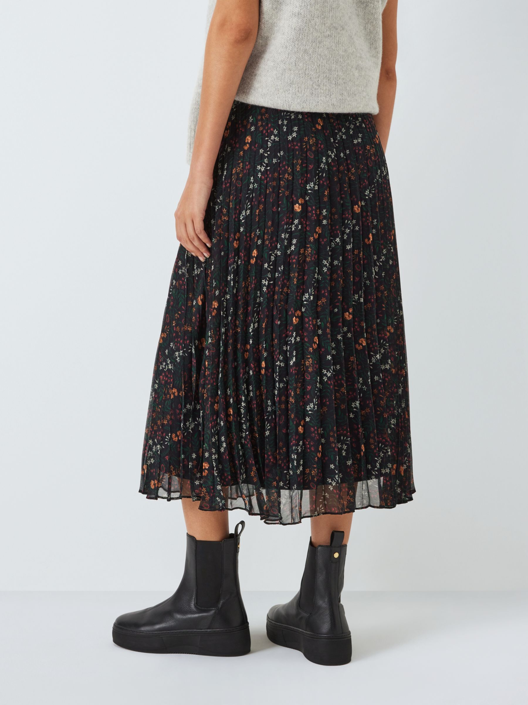 John Lewis Floral Print Pleated Skirt, Black/Multi at John Lewis