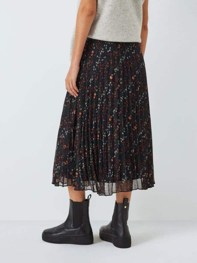 John Lewis Floral Print Pleated Skirt, Black/Multi, 8