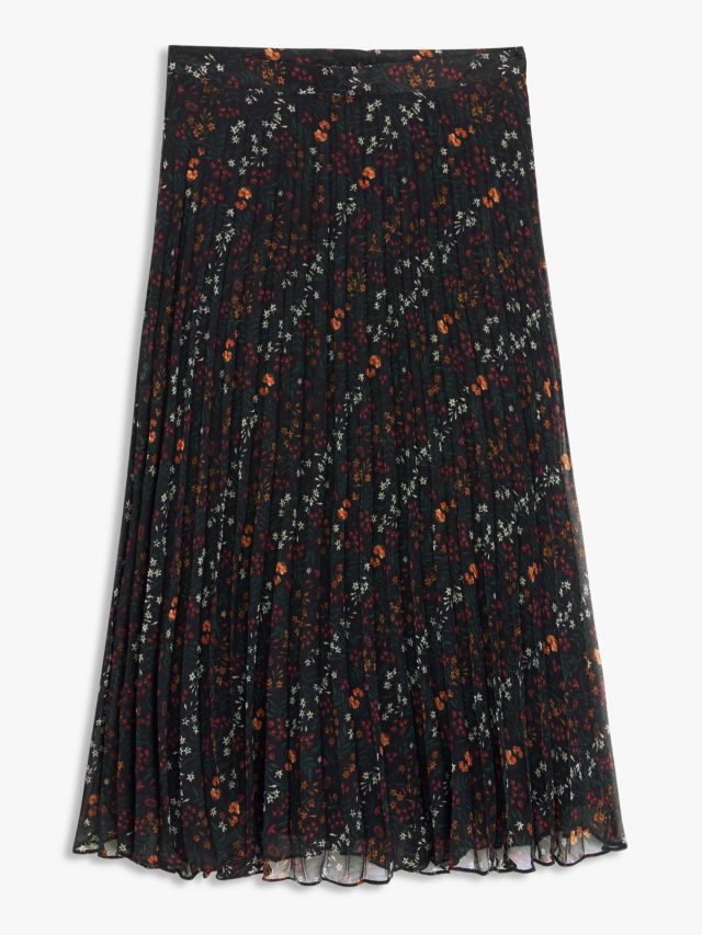 John Lewis Floral Print Pleated Skirt, Black/Multi, 8