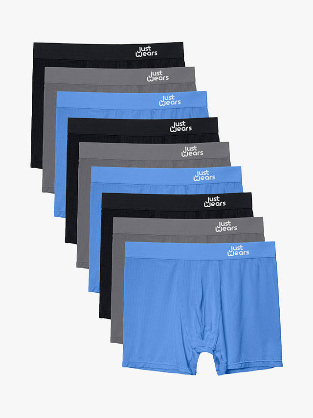 JustWears Active Boxers, Pack of 9, Blue/Grey/Black