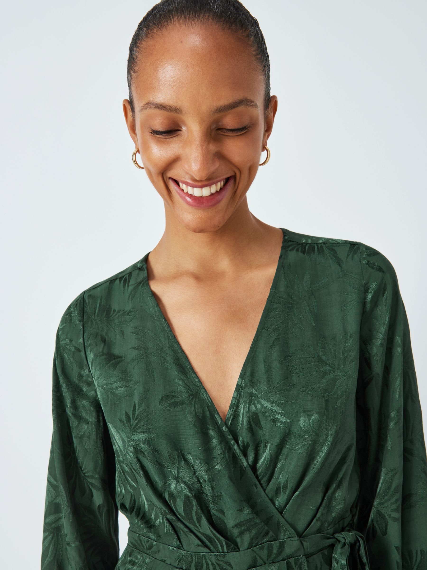 John Lewis Satin Leaf Print Wrap Dress Sycamore Green At John Lewis And Partners 9981