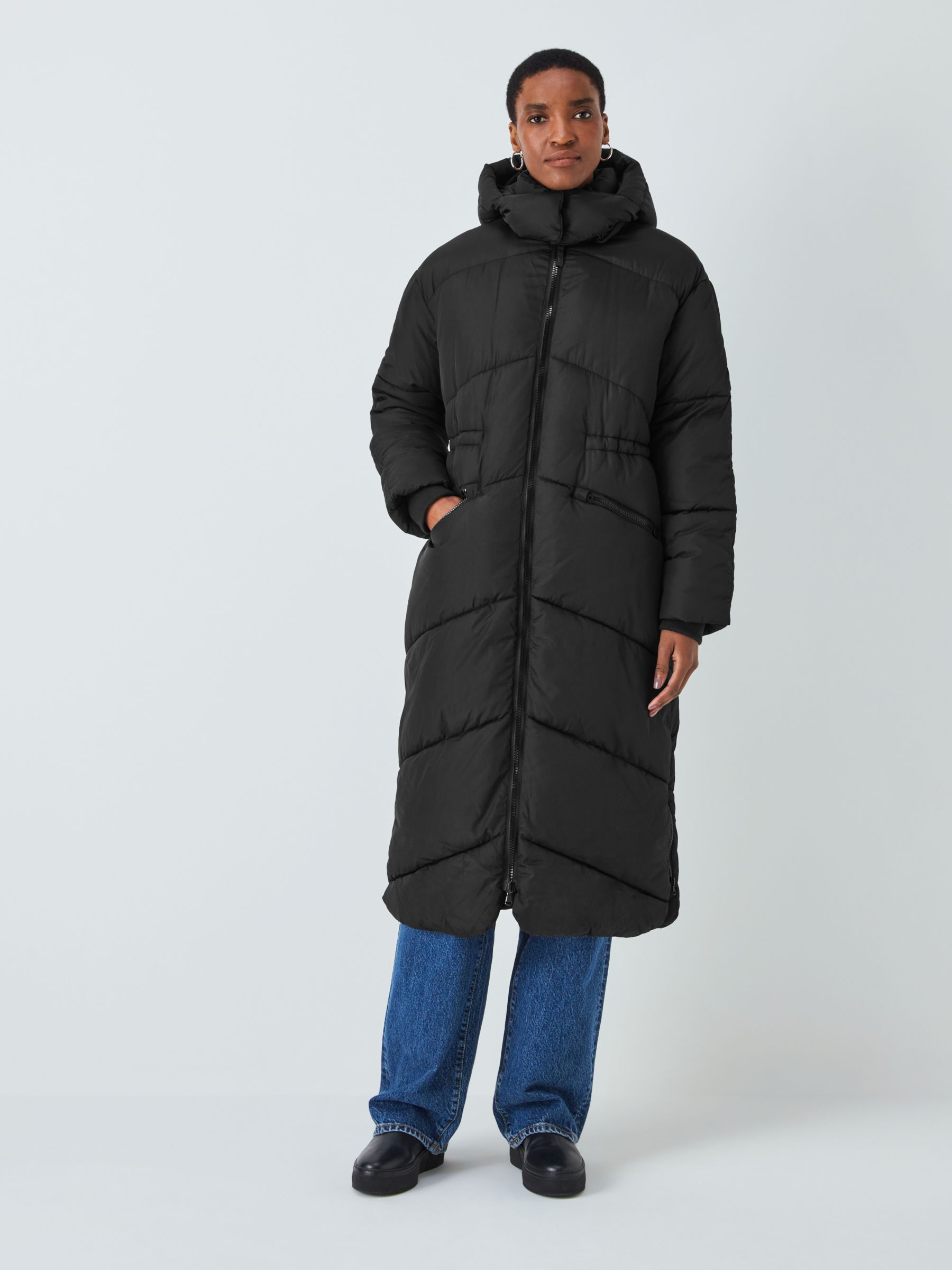 John Lewis Recycled Polyester Hooded Longline Puffer Coat, Black at ...