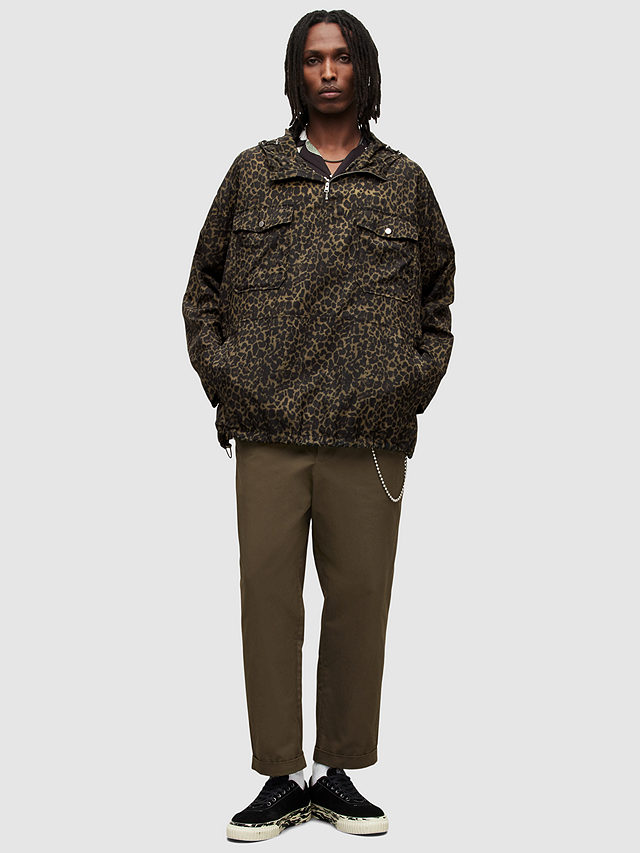 AllSaints Punta Leopard Print Half Zip Jacket, Worn Brown, XS