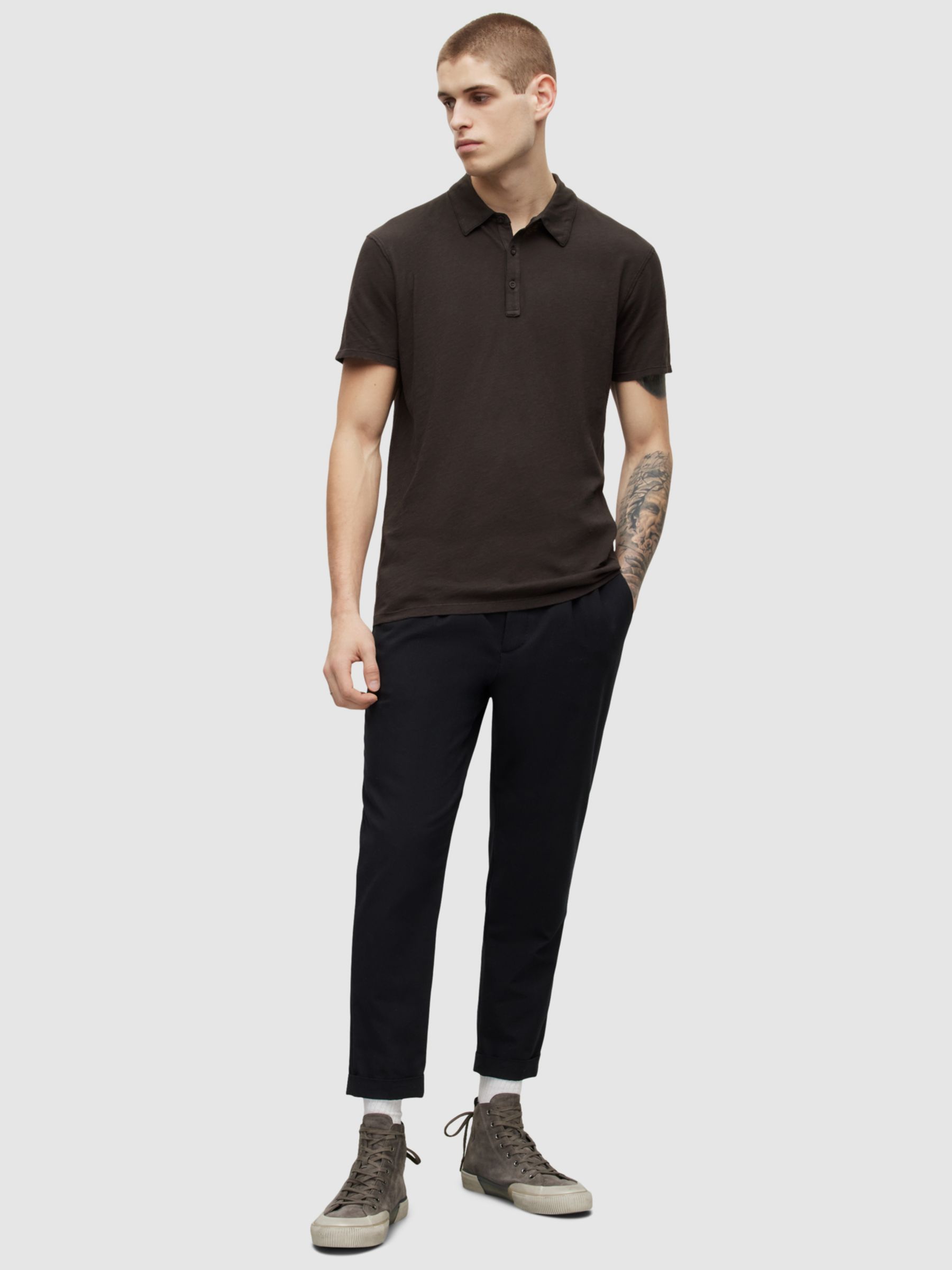 AllSaints Reform Short Sleeve Slim Polo Shirt, Black at John Lewis