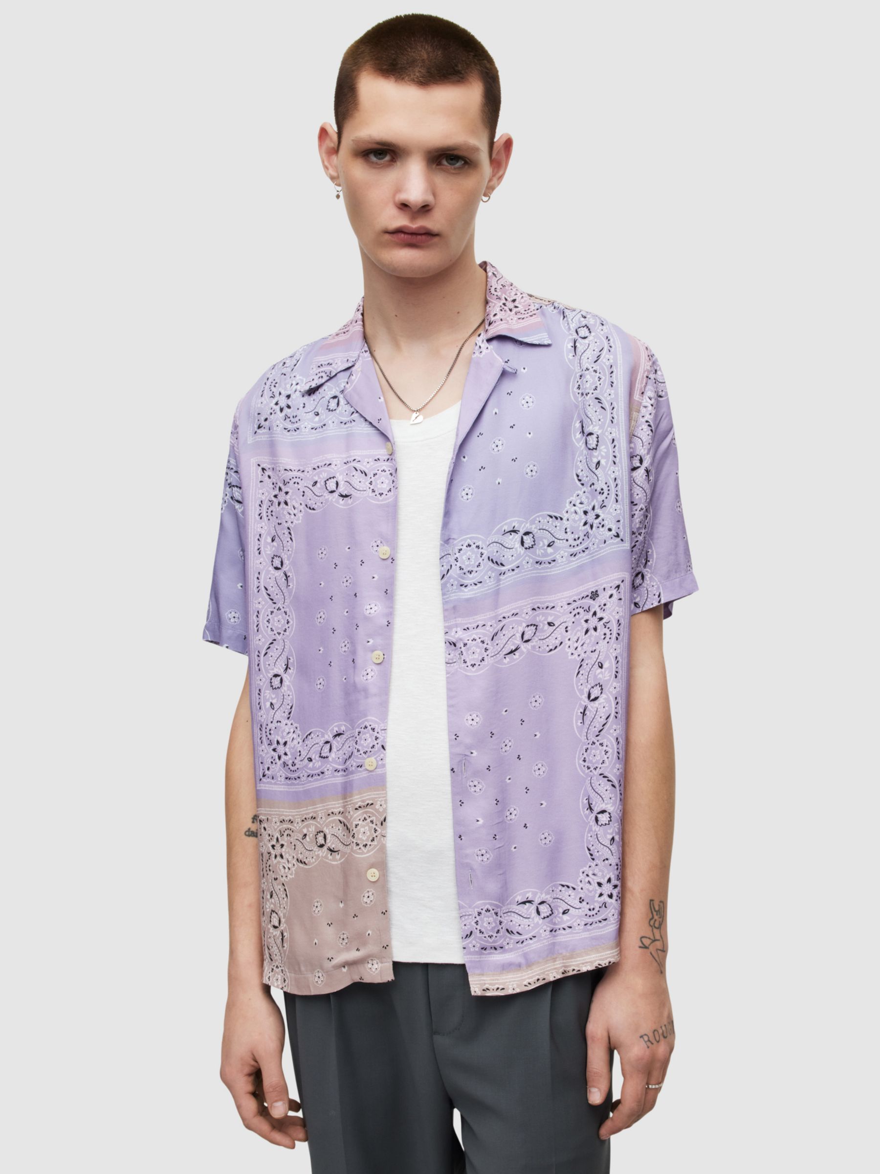 AllSaints Tikal Bandana Print Short Sleeve Shirt, Lilac