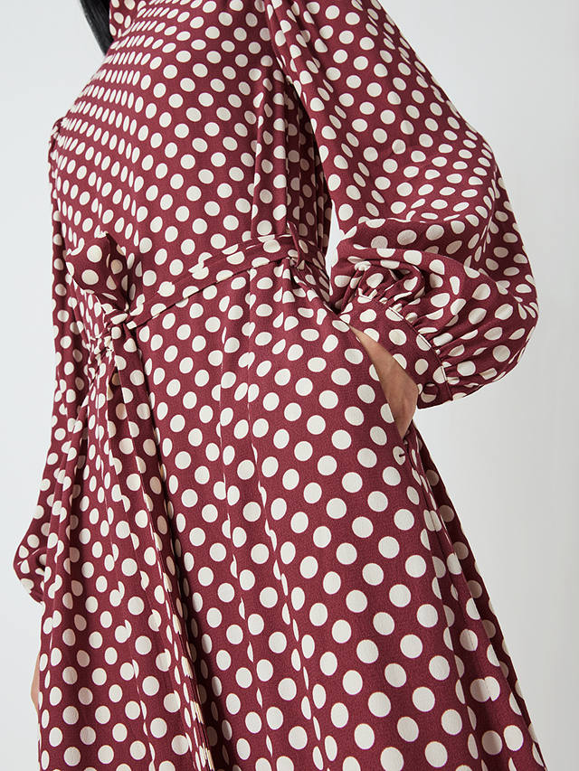 John Lewis High Neck Spot Print Satin Midi Dress, Wine/Multi