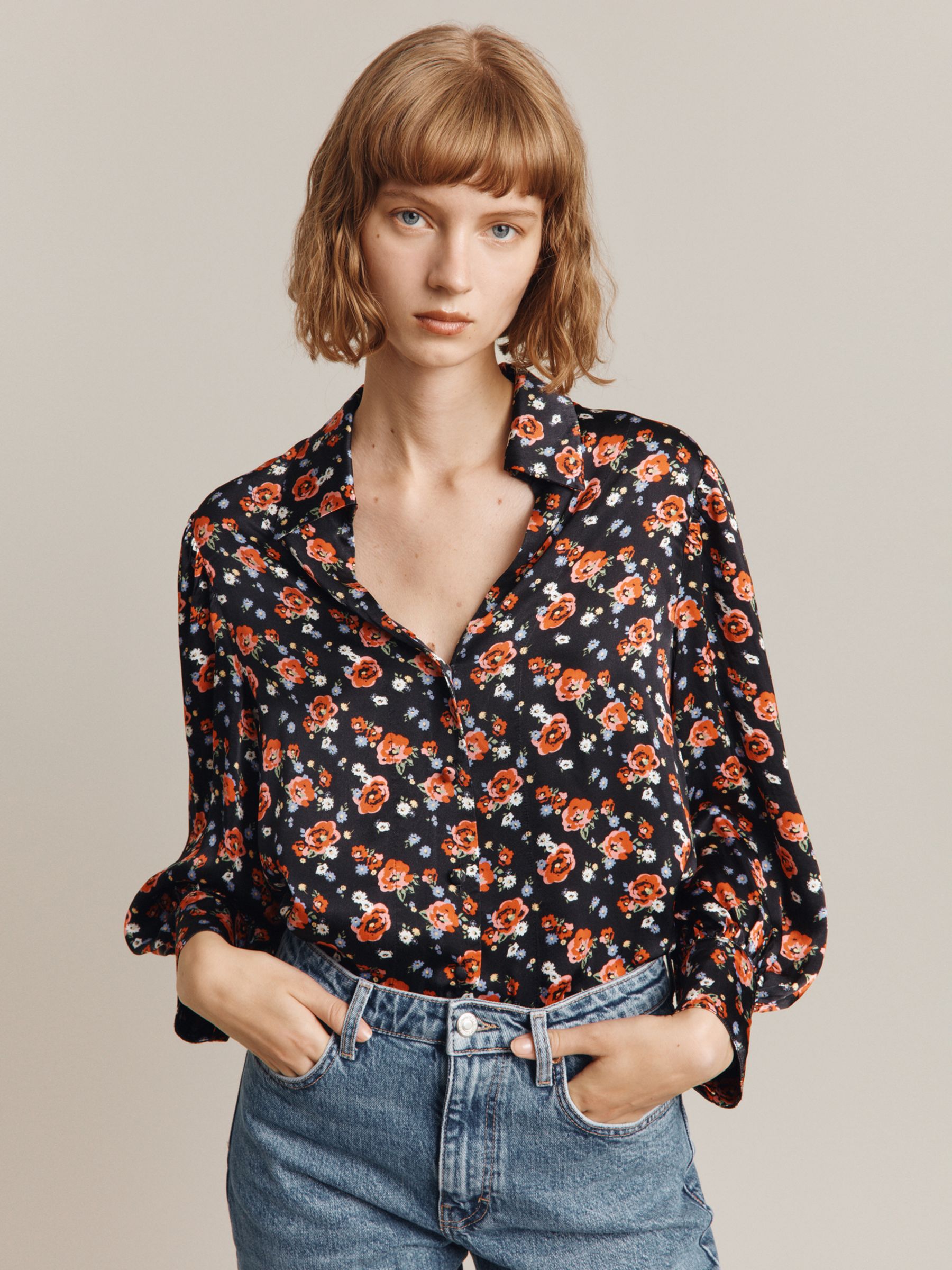 Ghost Evie Floral Satin Blouse, Red/Multi