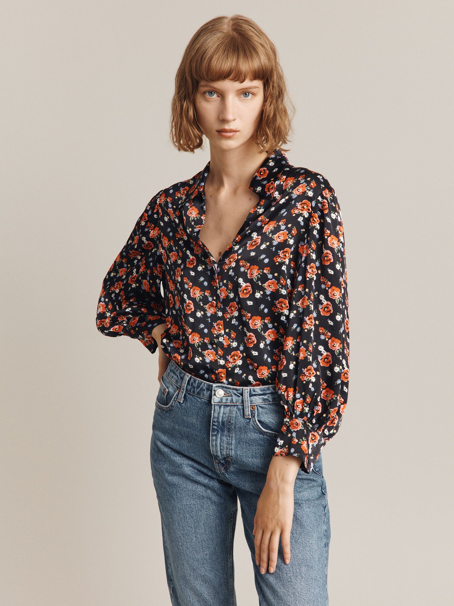 Ghost Evie Floral Satin Blouse, Red/Multi at John Lewis & Partners