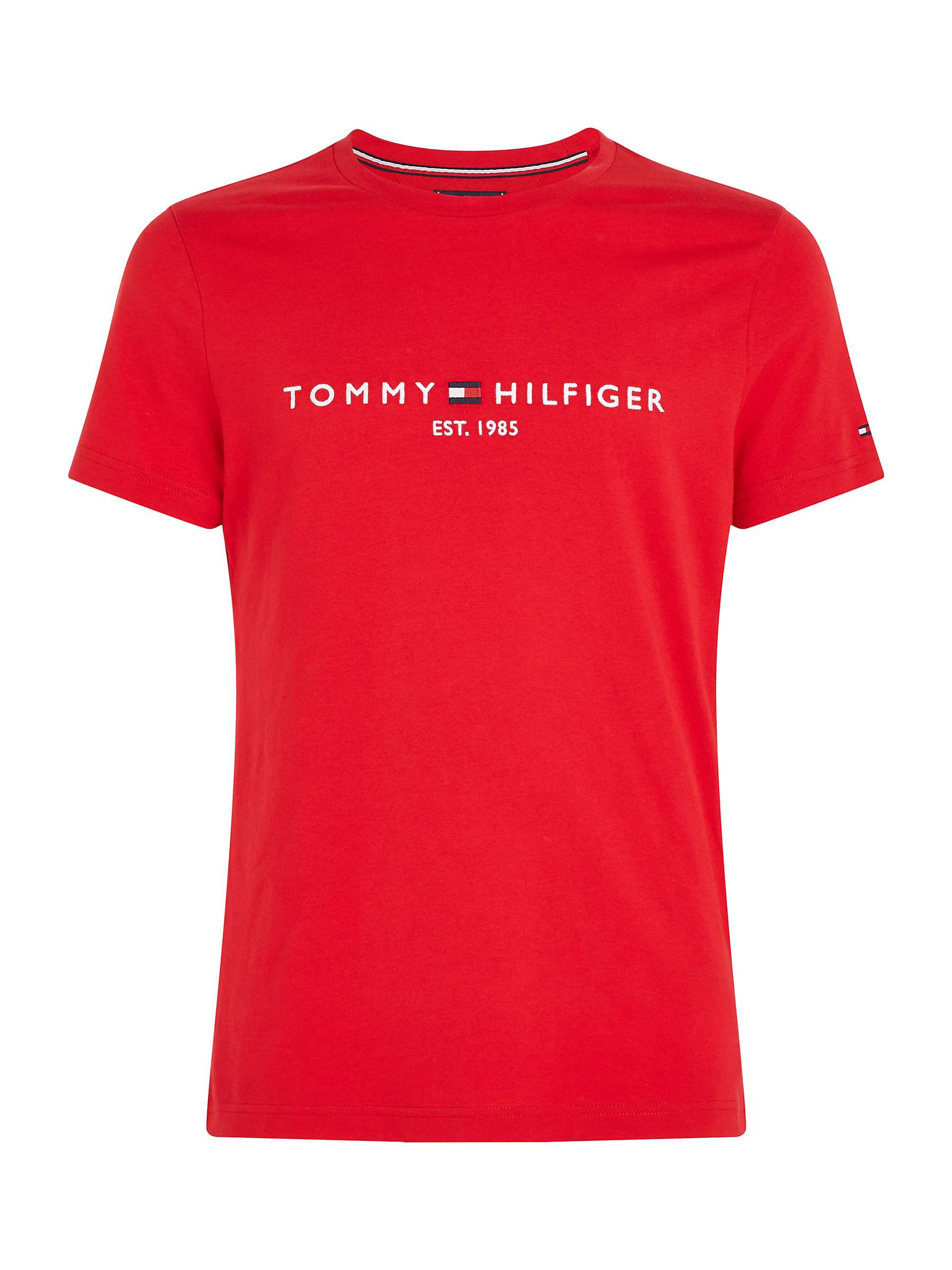 Tommy Hilfiger Flag Logo Crew Neck T-Shirt, Primary Red at John Lewis ...