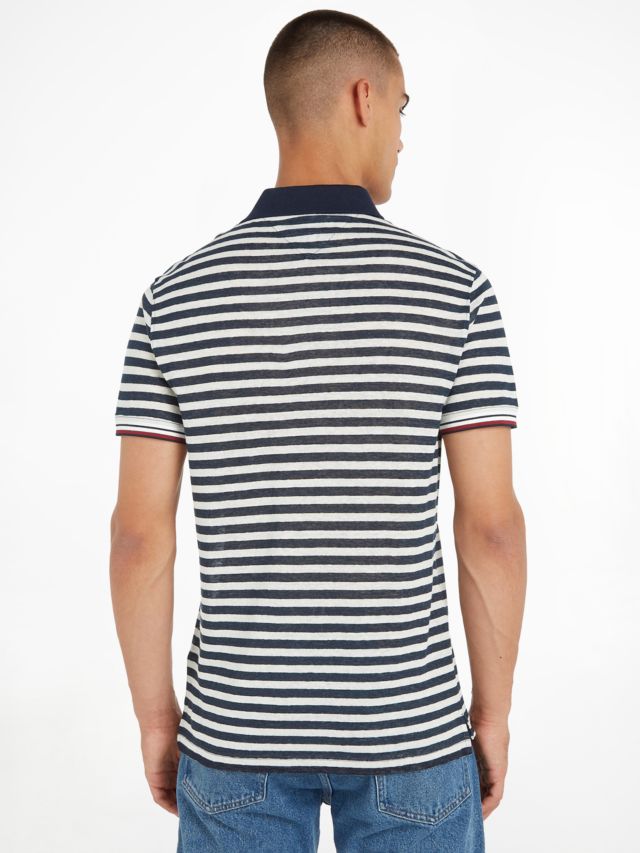 Tommy Hilfiger Breton Stripe Linen Polo Shirt, Desert Sky/White, XS
