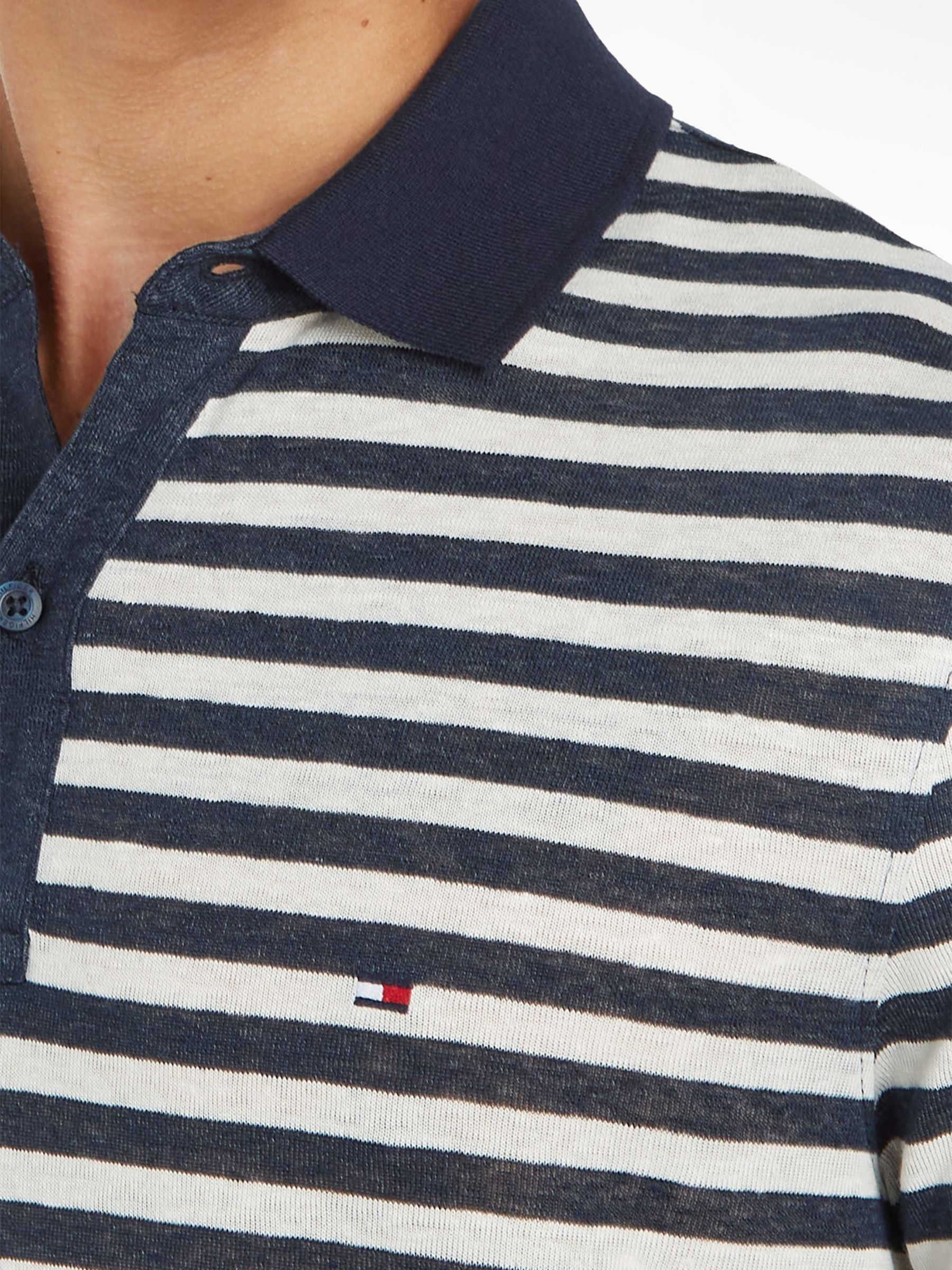 Tommy Hilfiger Breton Stripe Linen Polo Shirt, Desert Sky/White, XS