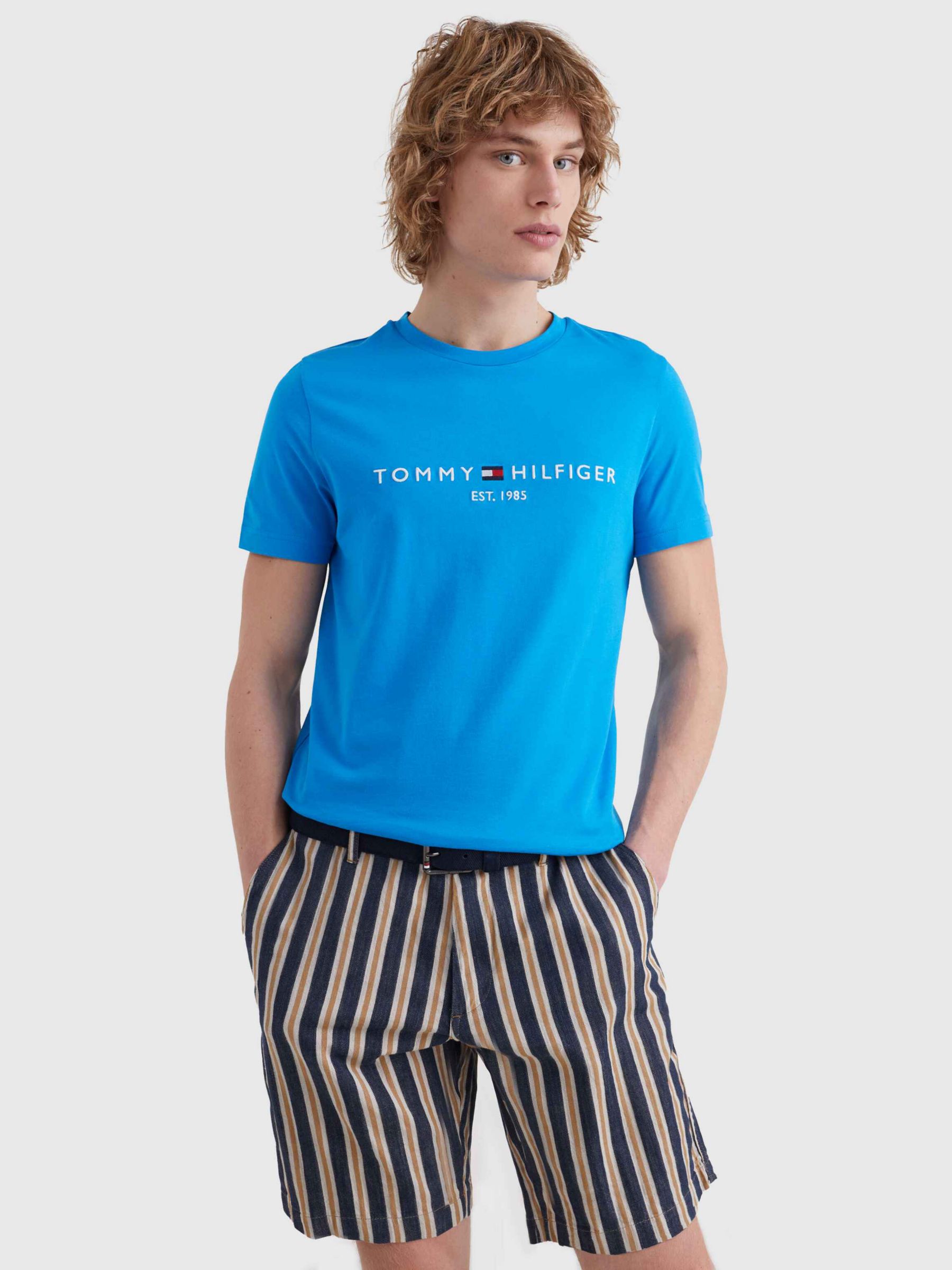 Tommy Hilfiger Flag Logo Crew Neck T-Shirt, Shocking Blue at John Lewis ...