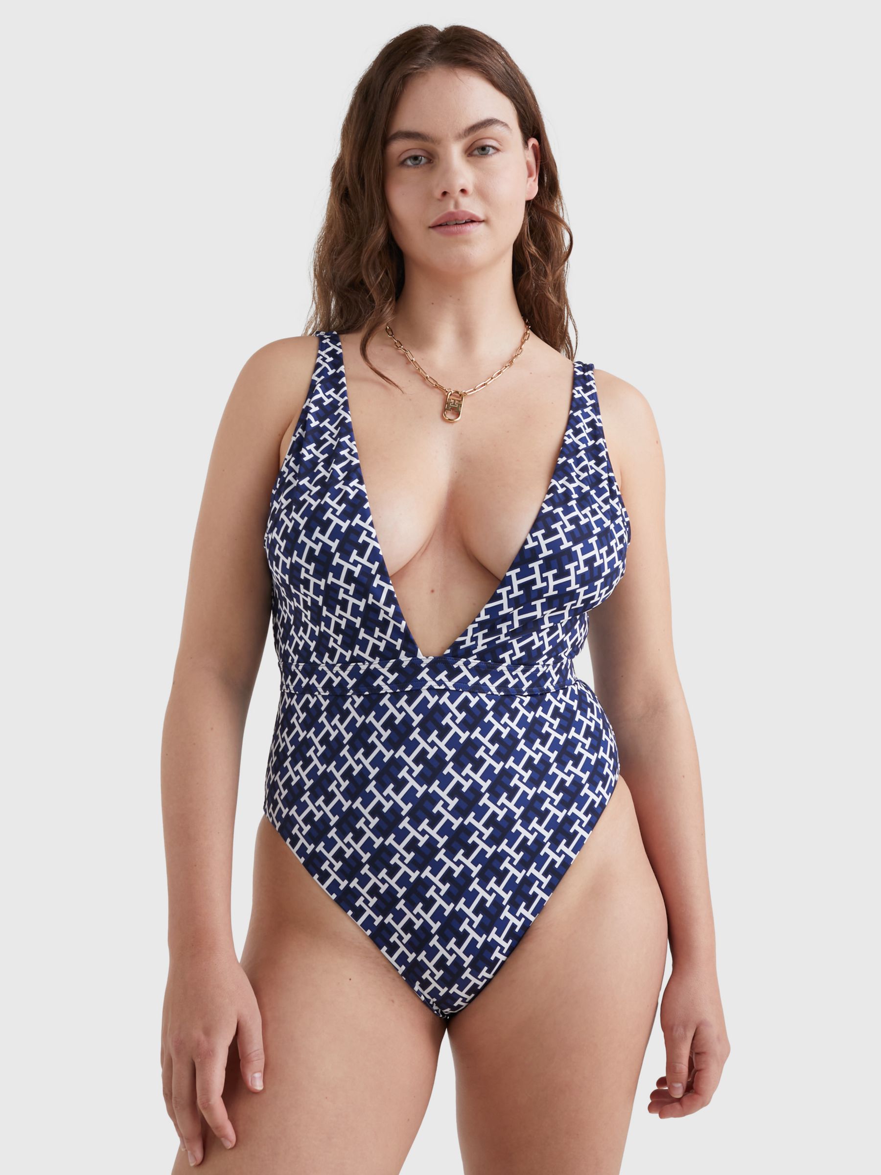 Buy Tommy Hilfiger Plunge Monogram Swimsuit, Navy/White Online at johnlewis.com