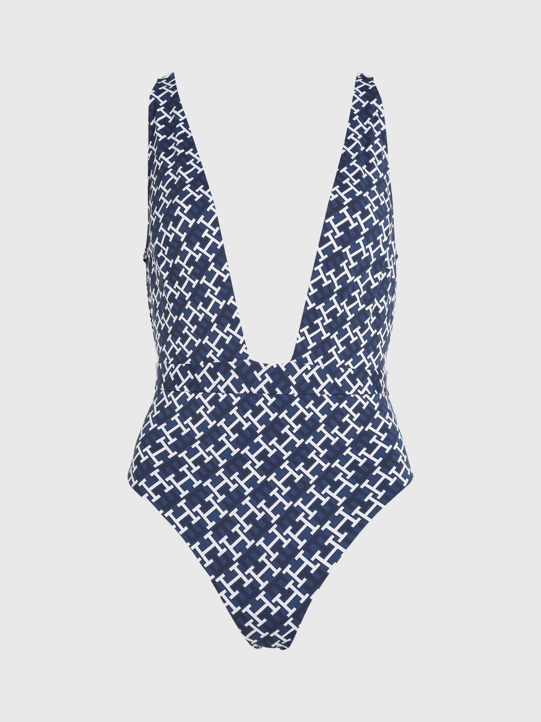 Tommy Hilfiger Plunge Monogram Swimsuit, Navy/White, XS