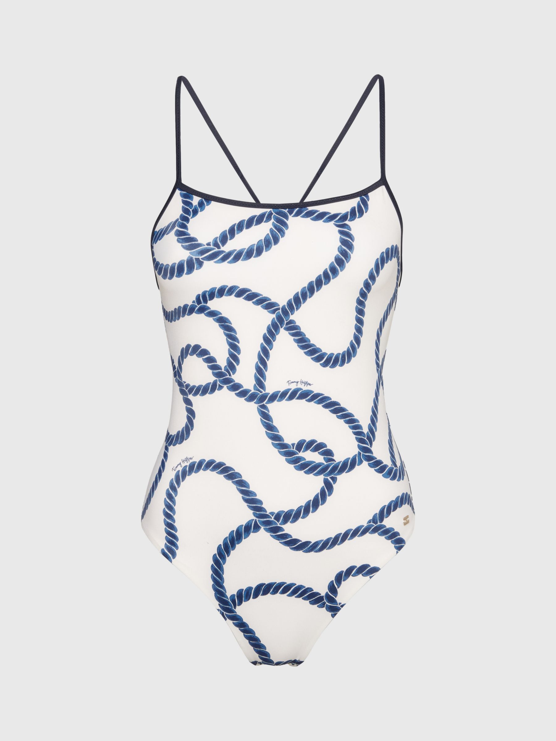 Tommy Hilfiger Rope Print Cross Back Swimsuit, White/Blue, XL
