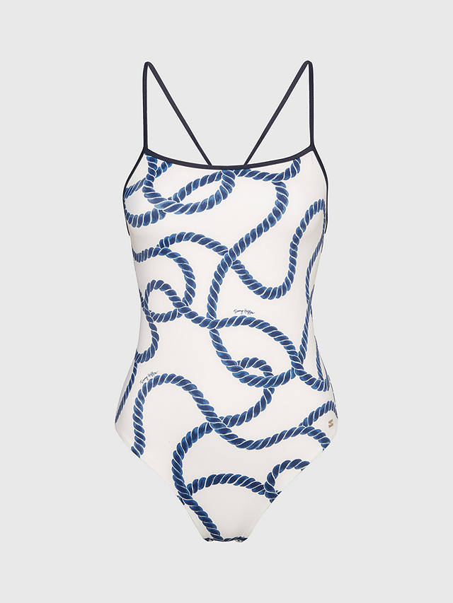 Tommy Hilfiger Rope Print Cross Back Swimsuit, White/Blue