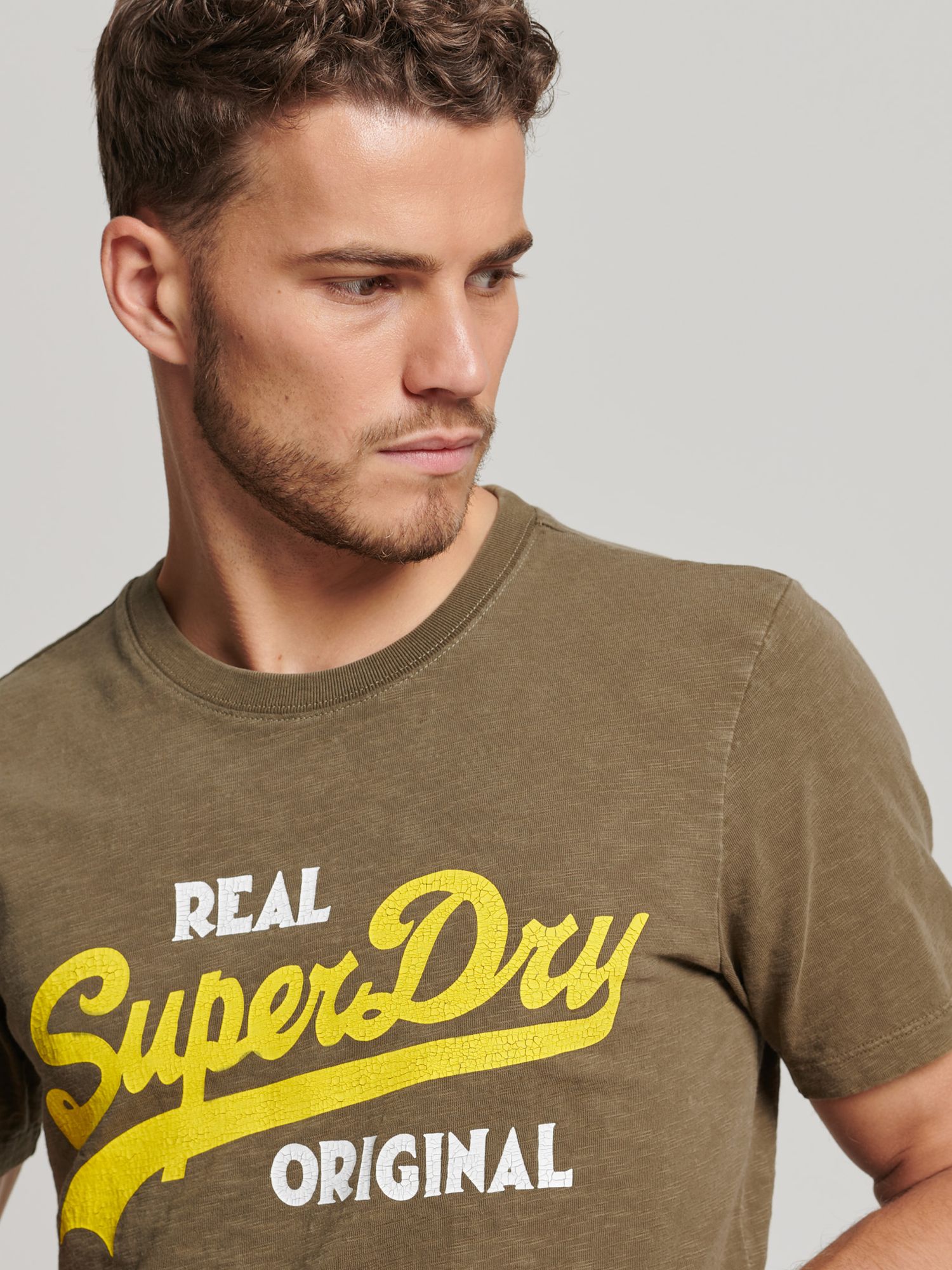 Superdry Vintage Logo Real Original Overdyed T-Shirt, Olive Slub at John Lewis & Partners